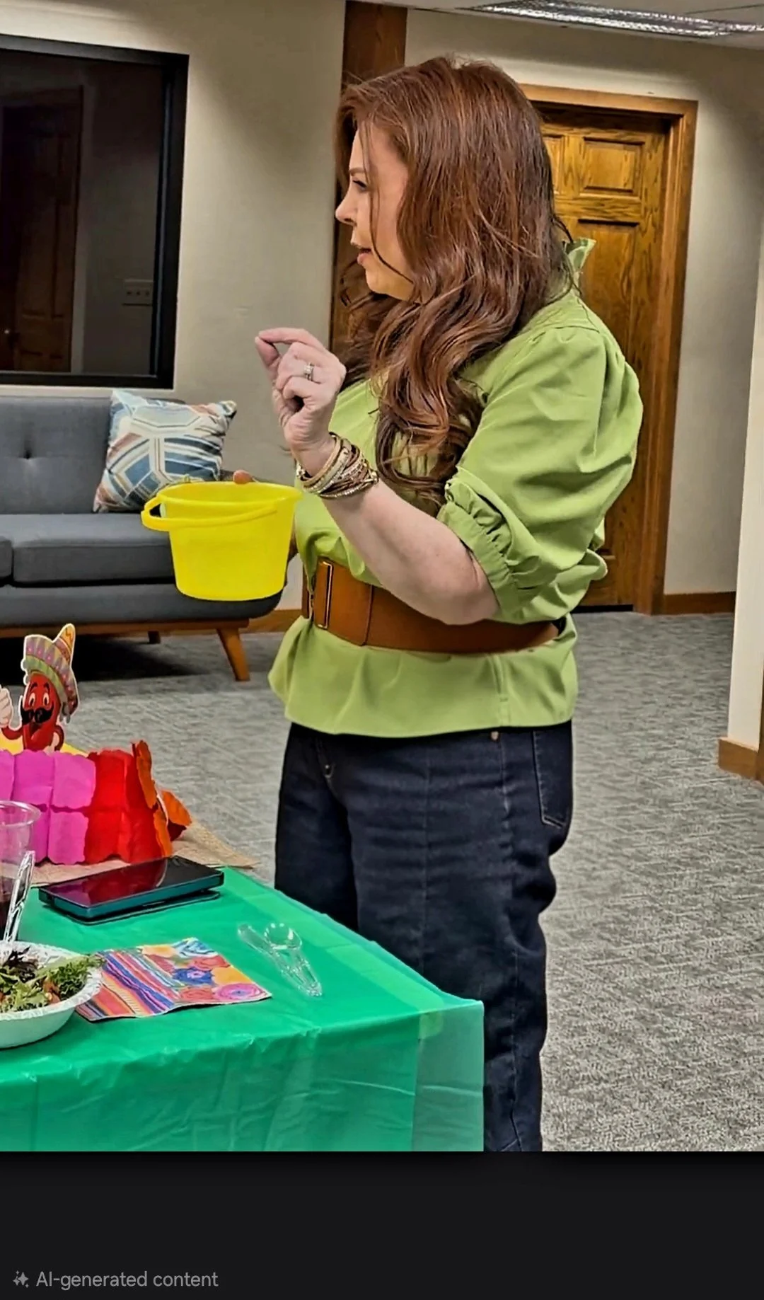 A woman with long, wavy reddish-brown hair wearing a green blouse with puffed sleeves and a brown belt, standing next to a table with colorful decorations and snacks, inside a room with a gray sofa and wooden door.