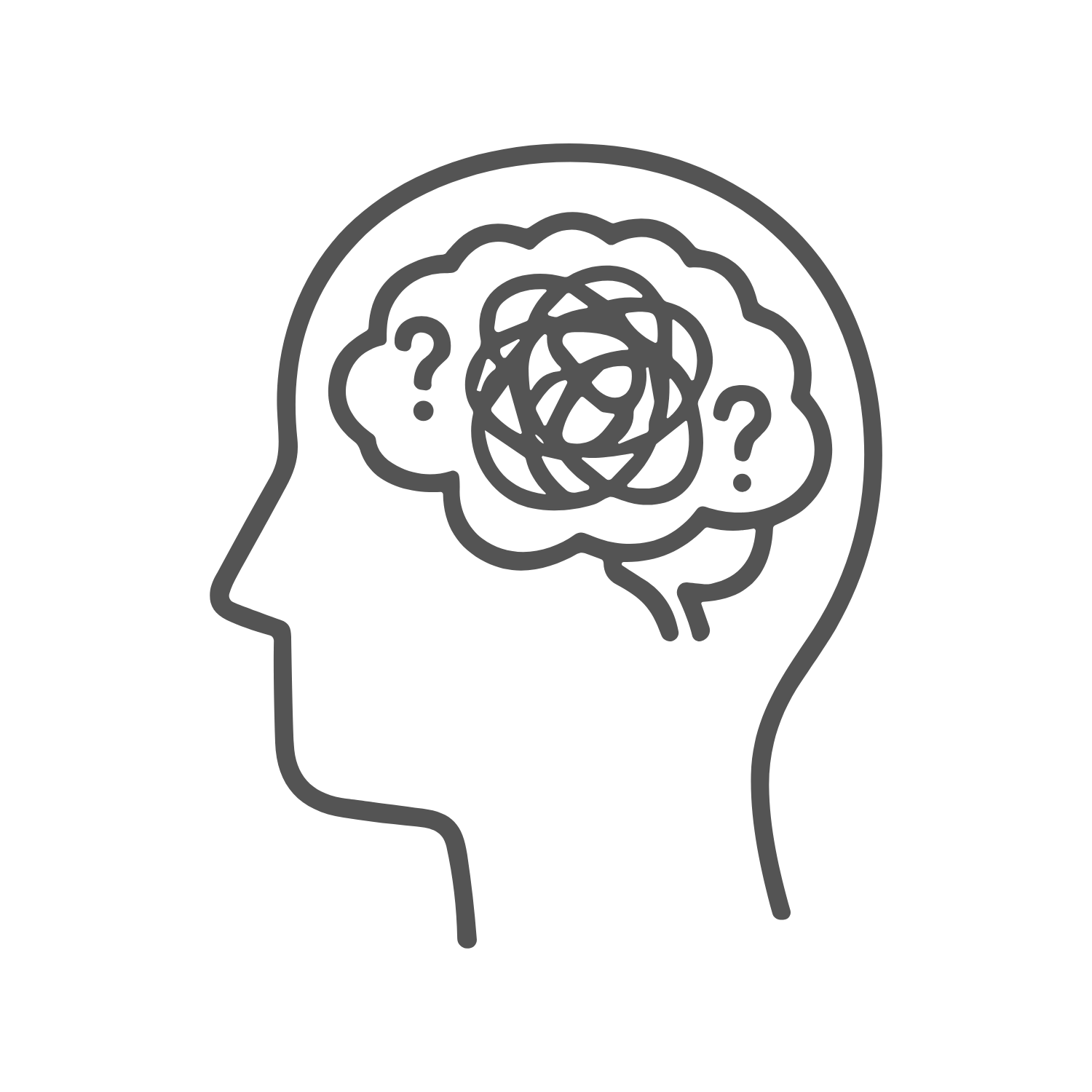 Outline of a human head with a brain containing tangled lines and question marks, representing confusion or mental complexity.