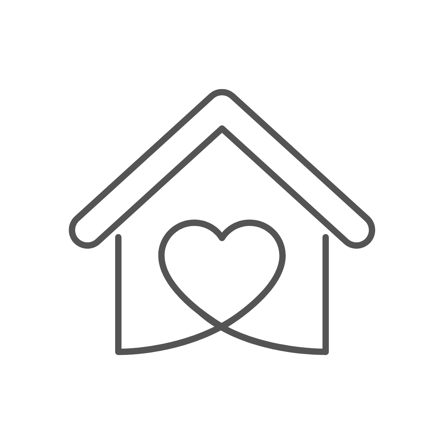 Outline of a house with a heart shape inside and two vertical lines connecting to the heart.