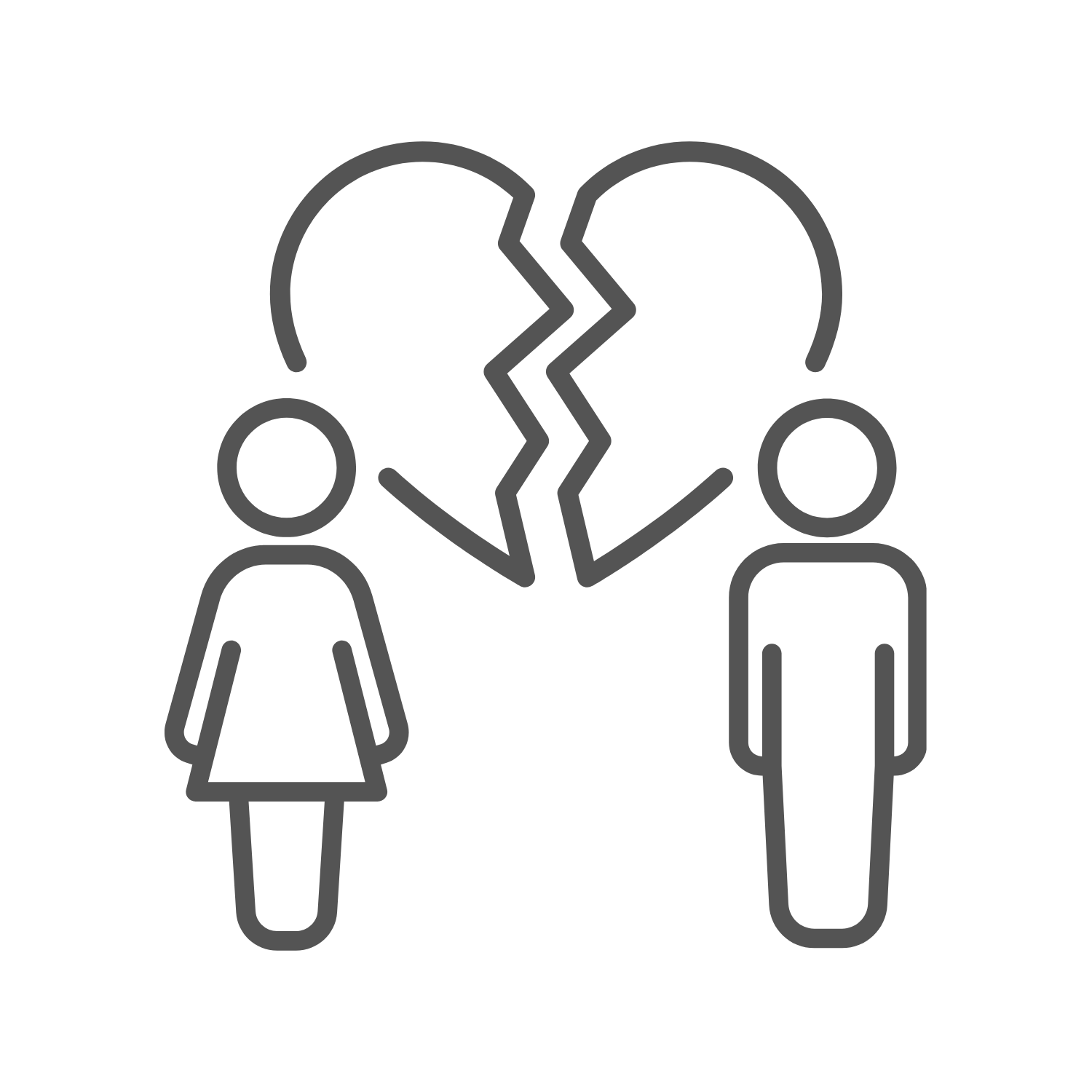 Outline drawing of a girl and a boy with a broken heart between them, indicating a breakup or relationship issue.