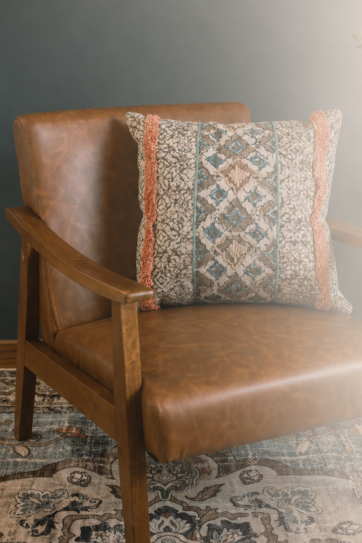 A brown leather armchair with wooden armrests, placed on a patterned rug, with a decorative pillow featuring intricate blue, beige, and peach embroidery.