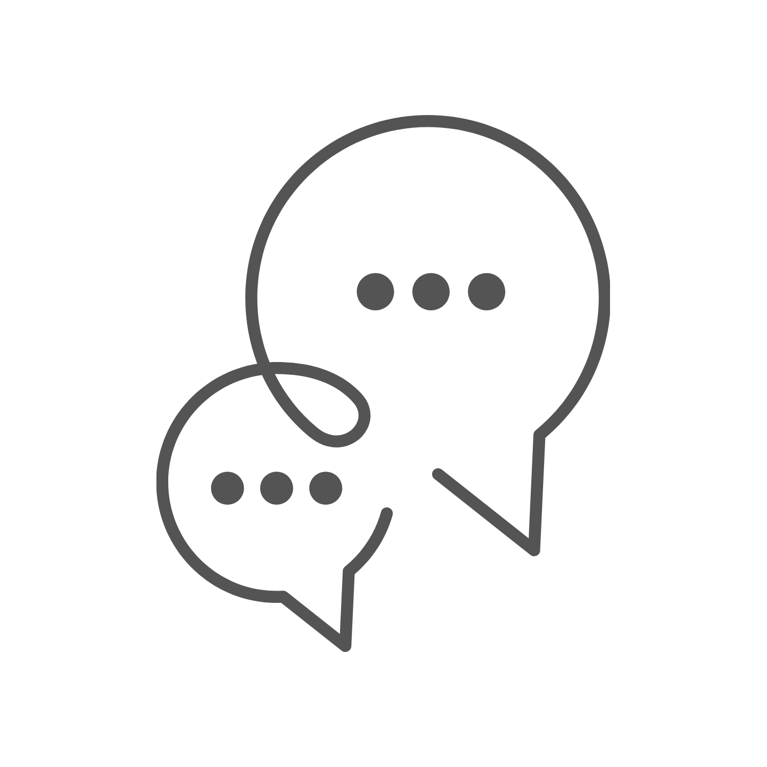 Outline of two overlapping speech bubbles with three dots inside each, representing conversation or communication.