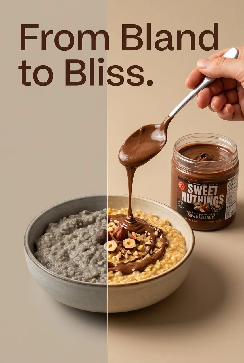 Split view of a bowl of oatmeal with nuts and a spoonful of chocolate hazelnut spread being added, with a jar of Sweet Nutings chocolate hazelnut spread in the background, and the text 'From Bland to Bliss' in the upper left.