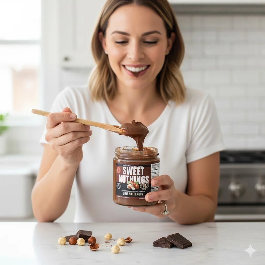 A woman in a white shirt smiling as she scoops chocolate spread from a jar labeled 'Sweet Nuthings' onto a spoon, with chocolate pieces and hazelnuts on the table.