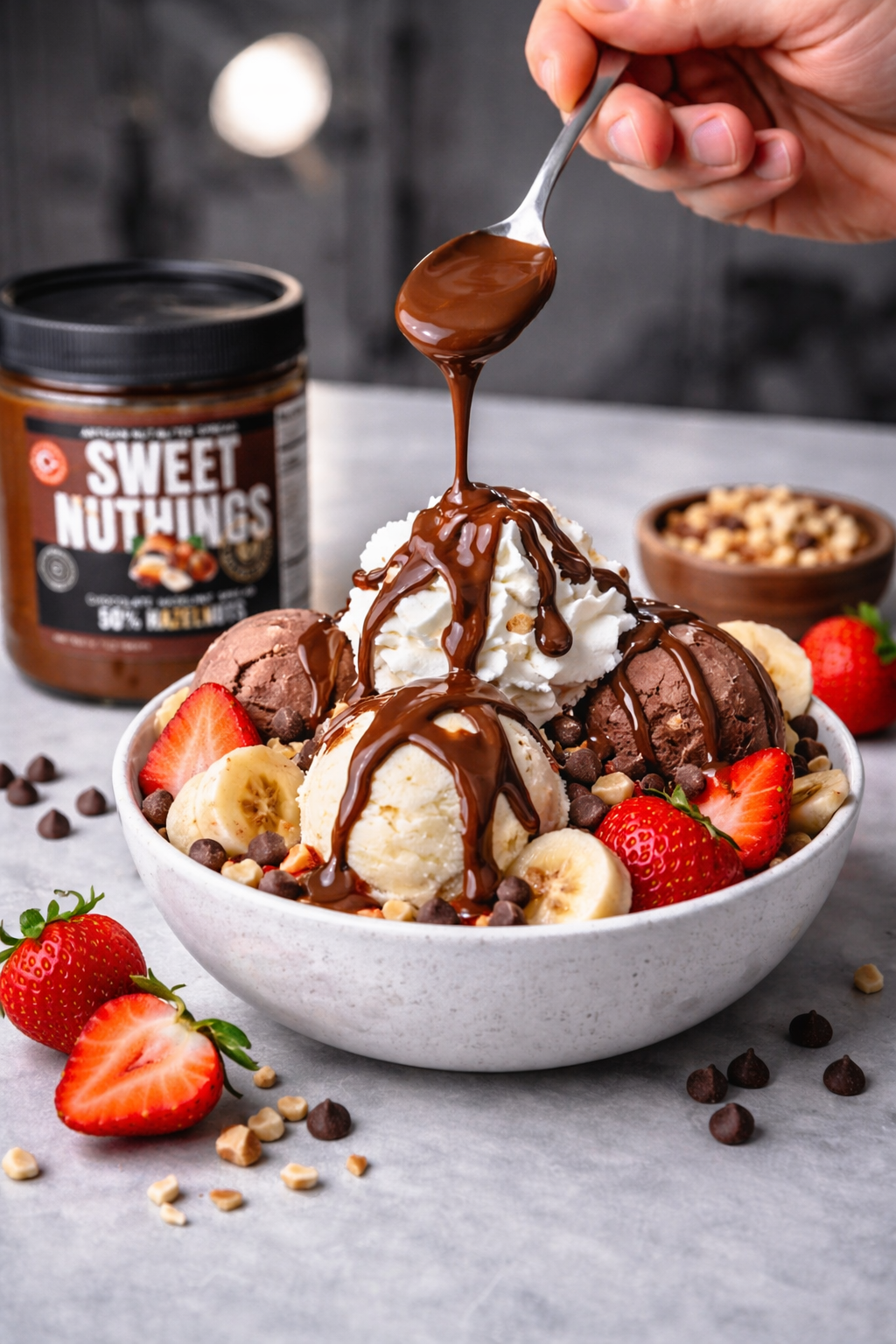 A bowl of ice cream topped with chocolate syrup, strawberries, bananas, chocolate chips, and chopped nuts, with a spoon pouring more chocolate syrup over it.