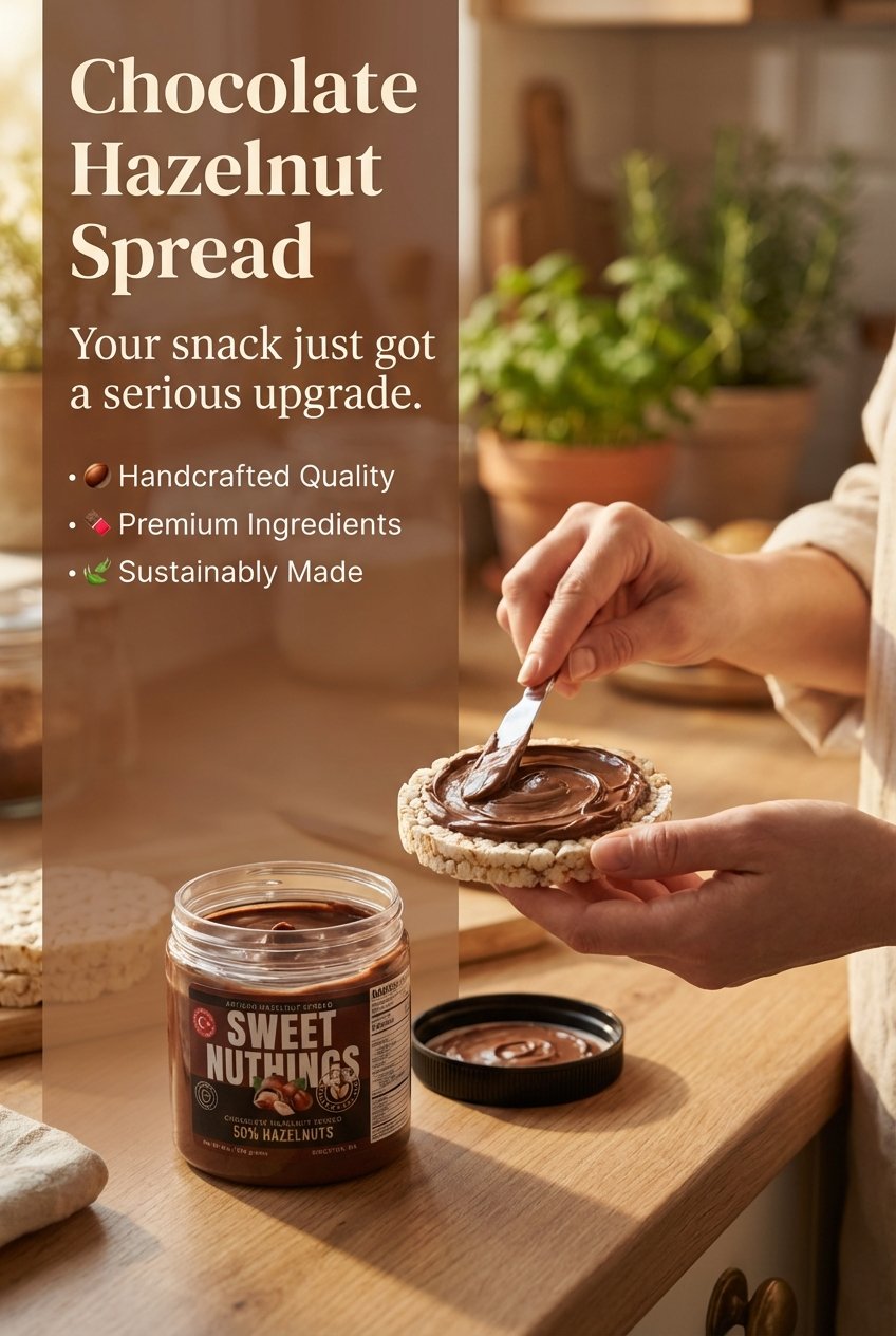 Person spreading chocolate hazelnut spread onto a rice cake in a cozy kitchen setting. A jar of Sweet Nothings hazelnut spread is open on the counter, with the spread visible inside. The background features potted plants and warm lighting.