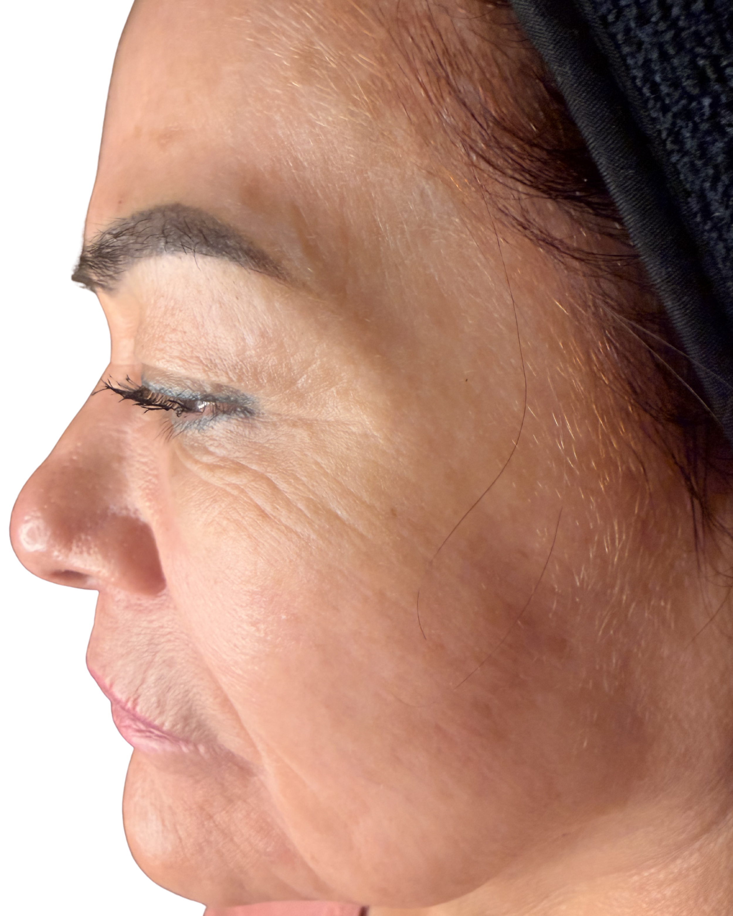 Close-up view of the nose, cheek, and eye area of a person's face with skin, hair, and makeup details.