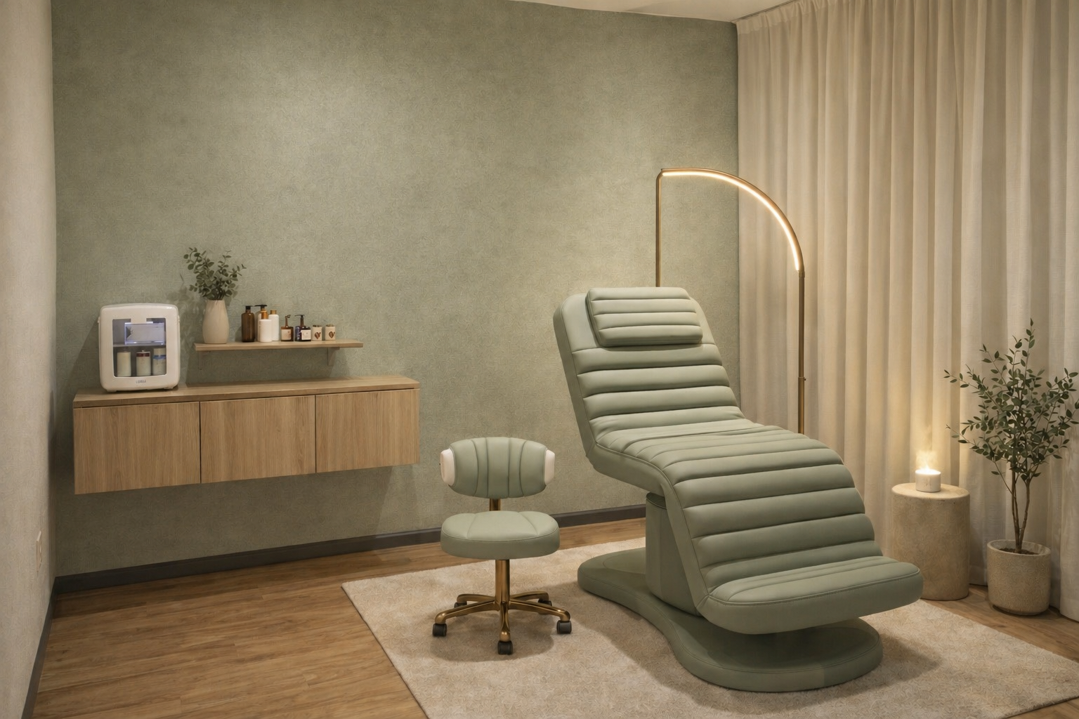 A modern medical or spa treatment room with a reclining exam chair, a rolling stool, a small table with a lit candle, a potted plant, a wooden cabinet with decorative bottles, and a machine, all with neutral tones and soft lighting.
