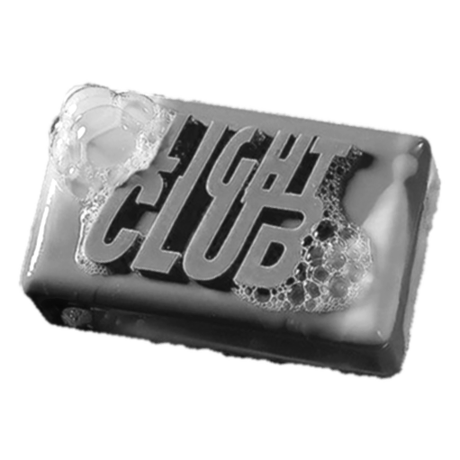 Seifenseife mit der Aufschrift 'FIGHT CLUB' und Blasen auf der Oberfläche.