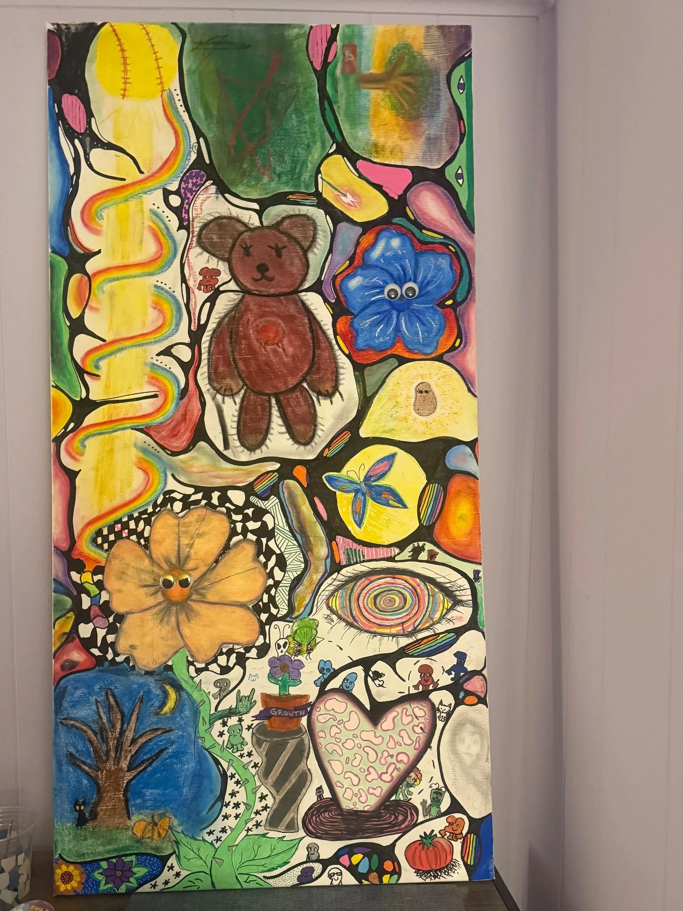 Colorful abstract artwork featuring a central bear drawing, surrounded by various flowers, eyes, a tree, and other playful designs with googly eyes, creating a vibrant and whimsical scene.