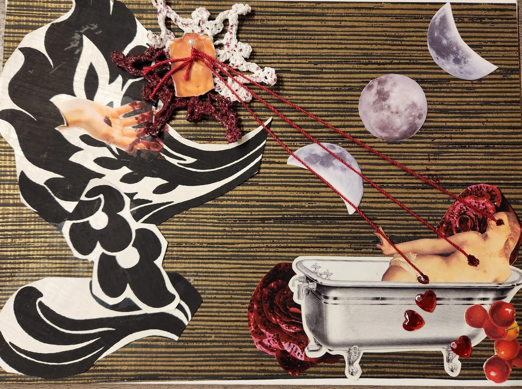 A collage featuring a vintage bathtub with floating rubber duckies and heart-shaped objects, a woman with long hair in the bathtub, moon phases graphic, a large black and white abstract design, and a red yarn connecting various elements, all set against a striped wooden background.