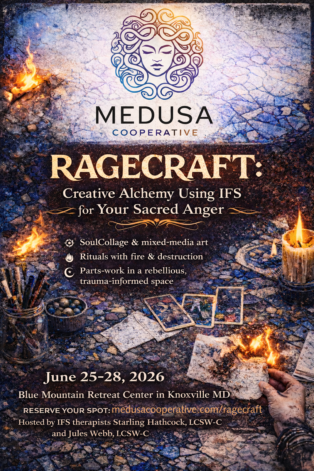 Event poster for Medusa Cooperative's Ragecraft event, featuring a luminous illustration of Medusa's face with serpents and dates June 25-28, 2026, at Blue Mountain Retreat Center in Knoxville MD, with details about creative alchemy, rituals, and trauma-informed space.