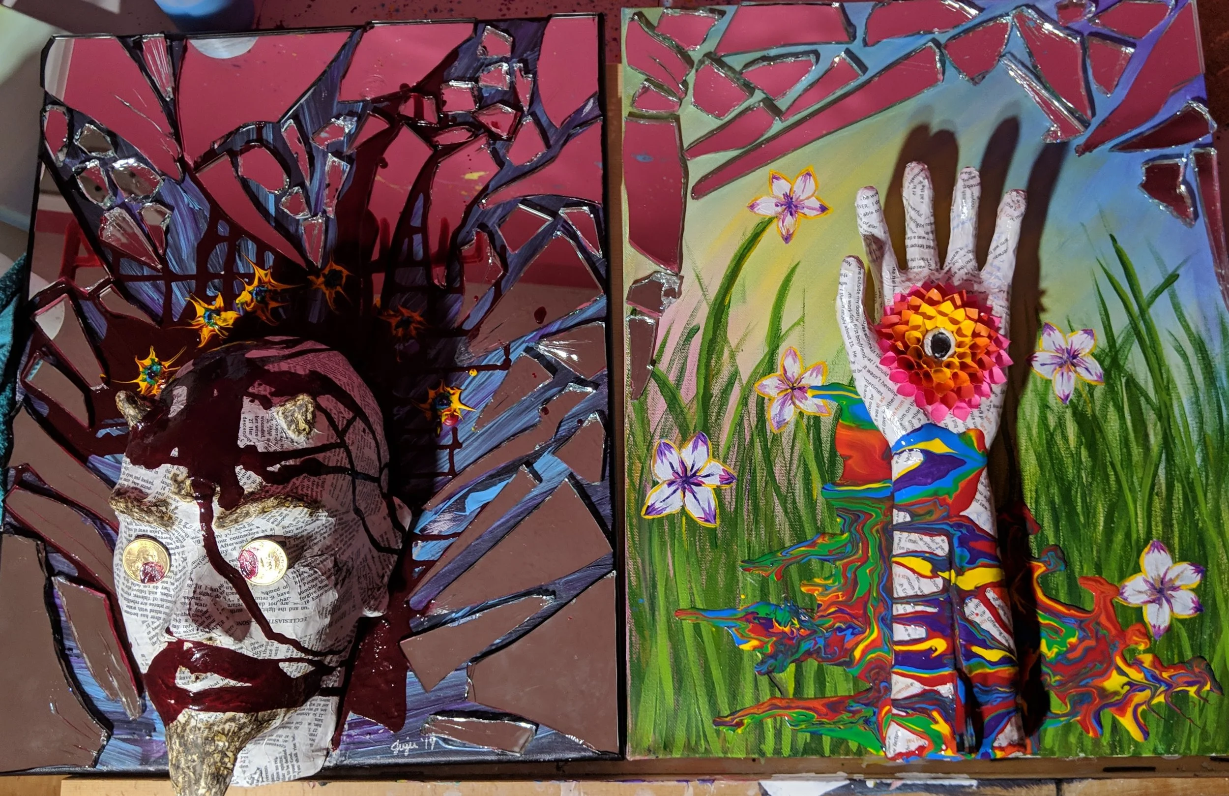 Mixed media artwork divided into two sections. The left side features a collage of a face with dark purple outlines, newspaper text for skin, and coins for eyes, surrounded by fractal-like shapes and a background of red and purple hues. The right side depicts a hand made of collage and painted elements, with flowers, grass, and colorful paint drips, set against a light green and blue background.
