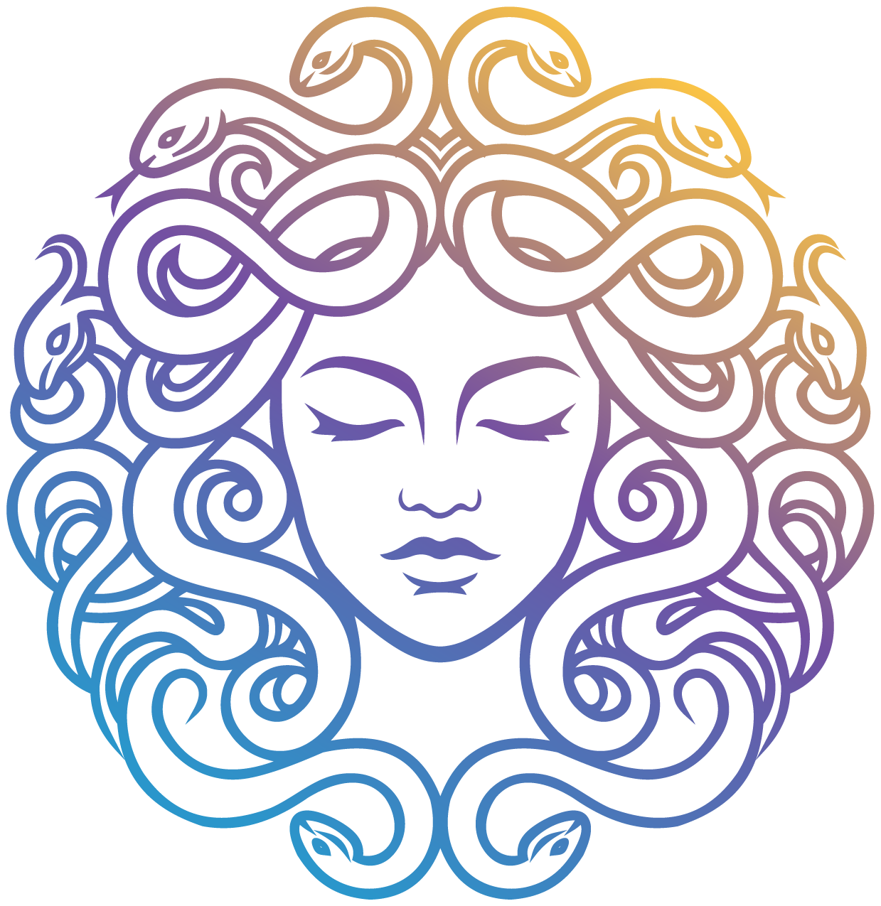 Illustration of a serene woman's face with closed eyes, surrounded by intricate, swirling lines resembling snakes or hair, with a gradient color scheme from purple to gold.