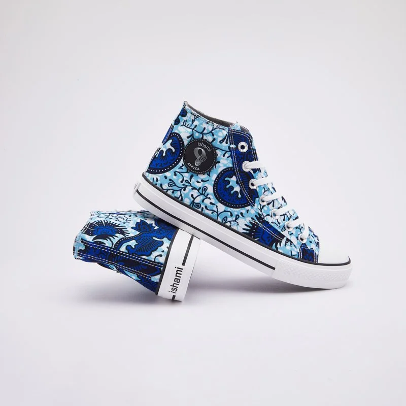 Pair of high-top sneakers with blue and black patterned fabric design on a white background.