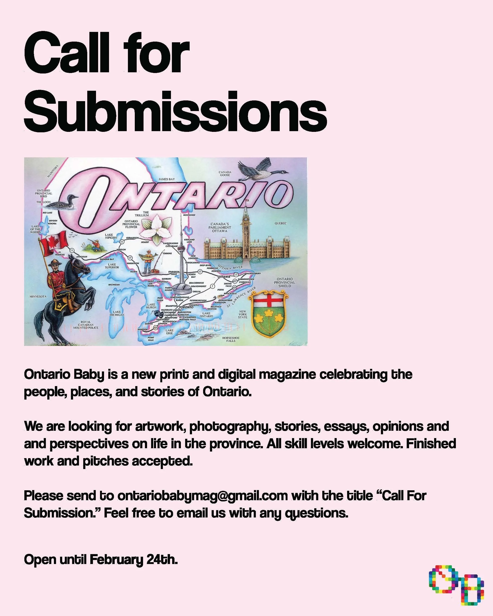 Flyer calling for art submissions to Ontario Baby magazine, featuring a colorful map of Ontario, Canada, with illustrations of animals, landmarks, and symbols, on a pink background with text details.