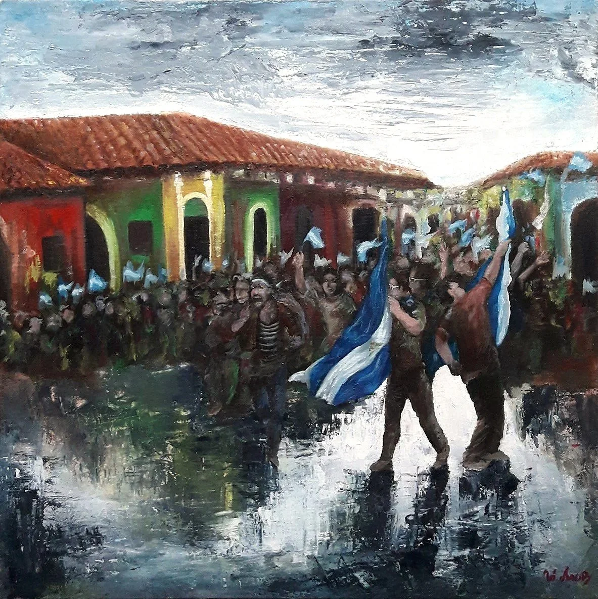 "Marcha del pueblo bajo la lluvia", 25 x 25 In - óleo sobre tela