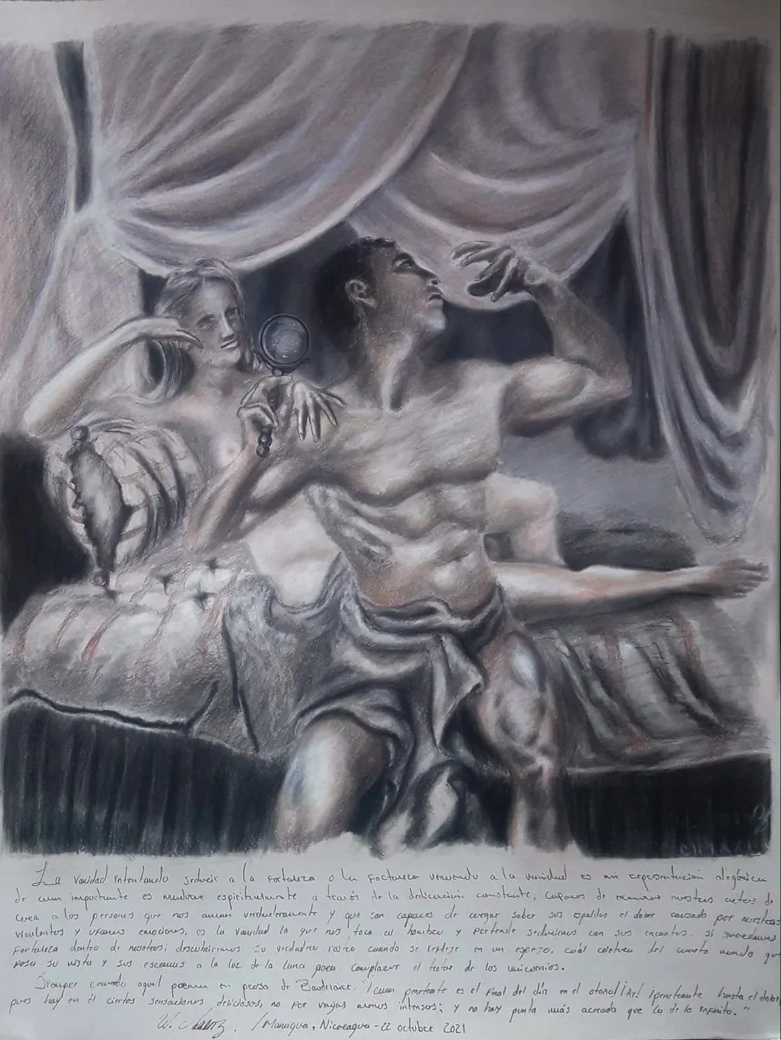 "La vanidad seduciendo a la fortaleza" / Carbón y sanguina sobre papel, 65 x 50 cm / 2021