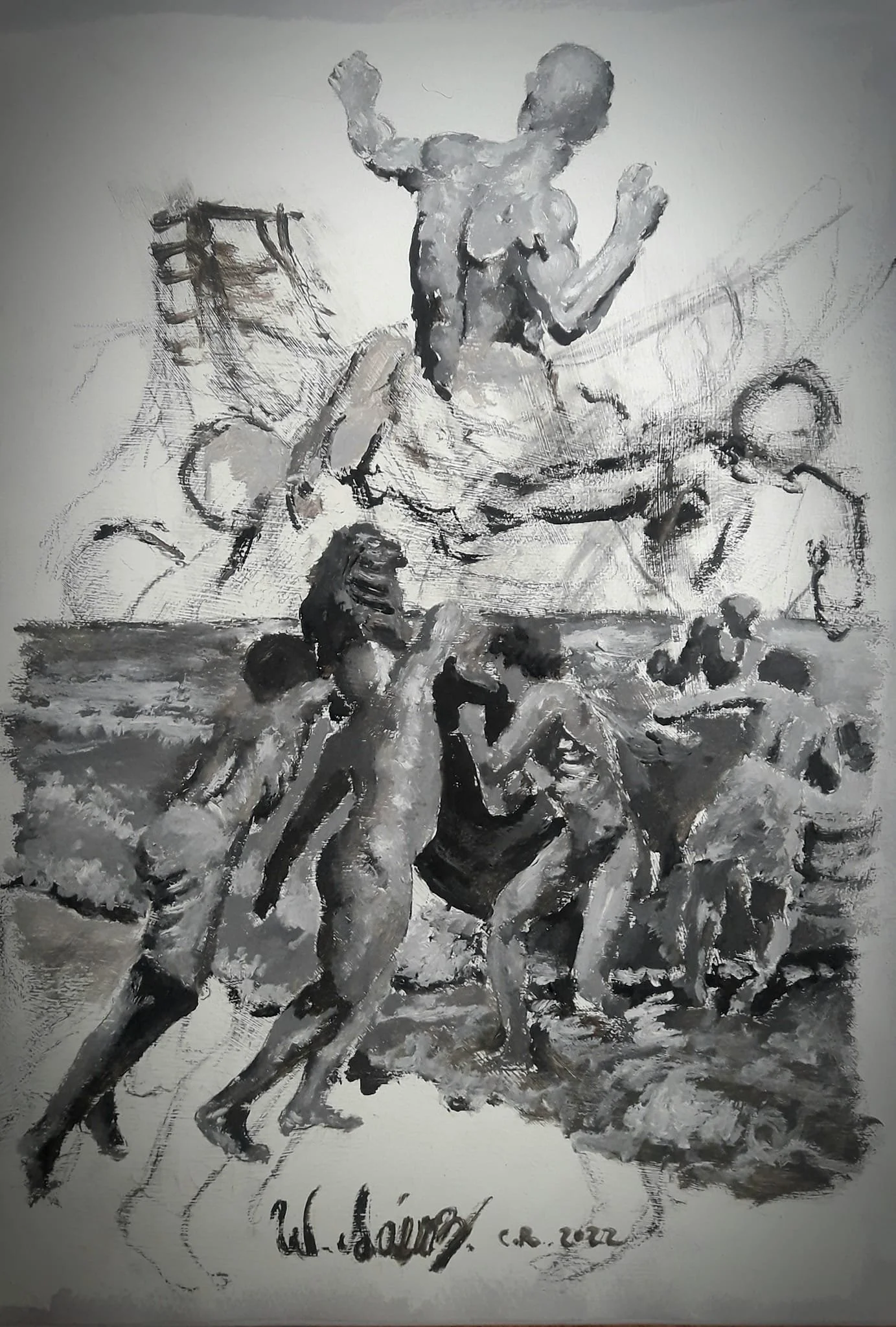 Estudio sobre pescadores, óleo sobre papel, 11.7 x 16.9 in / 2022