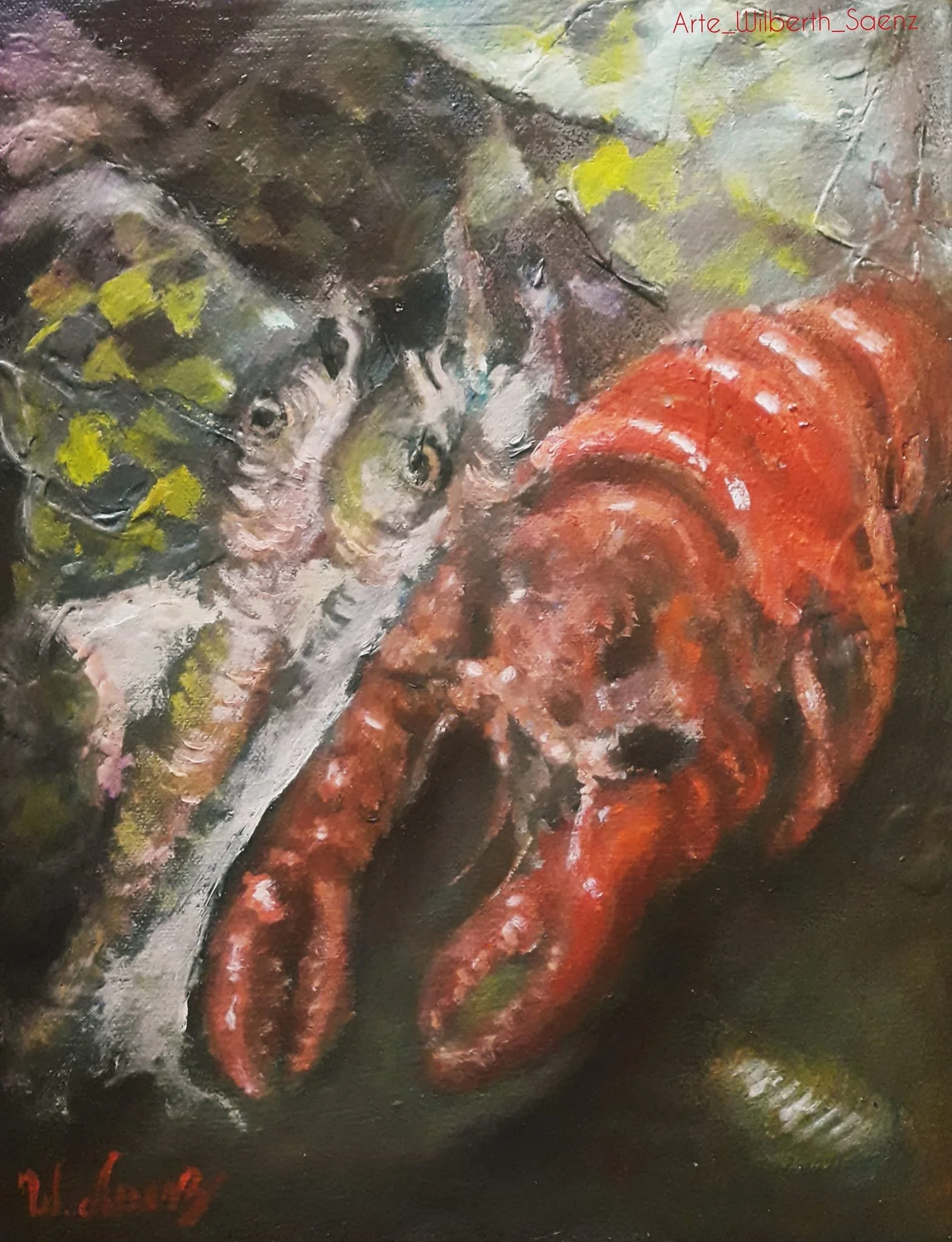 Mariscos, óleo sobre lienzo, 11 x 14 In