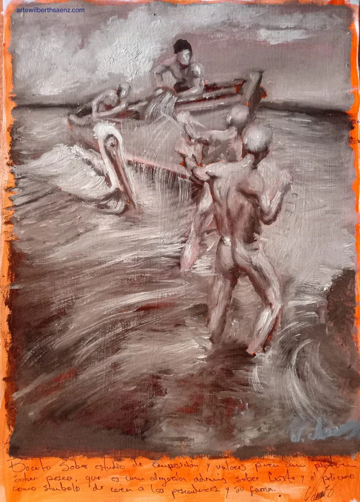 Estudio sobres pescadores, óleo sobre papel, 11,7 x 16.9 In - 2025