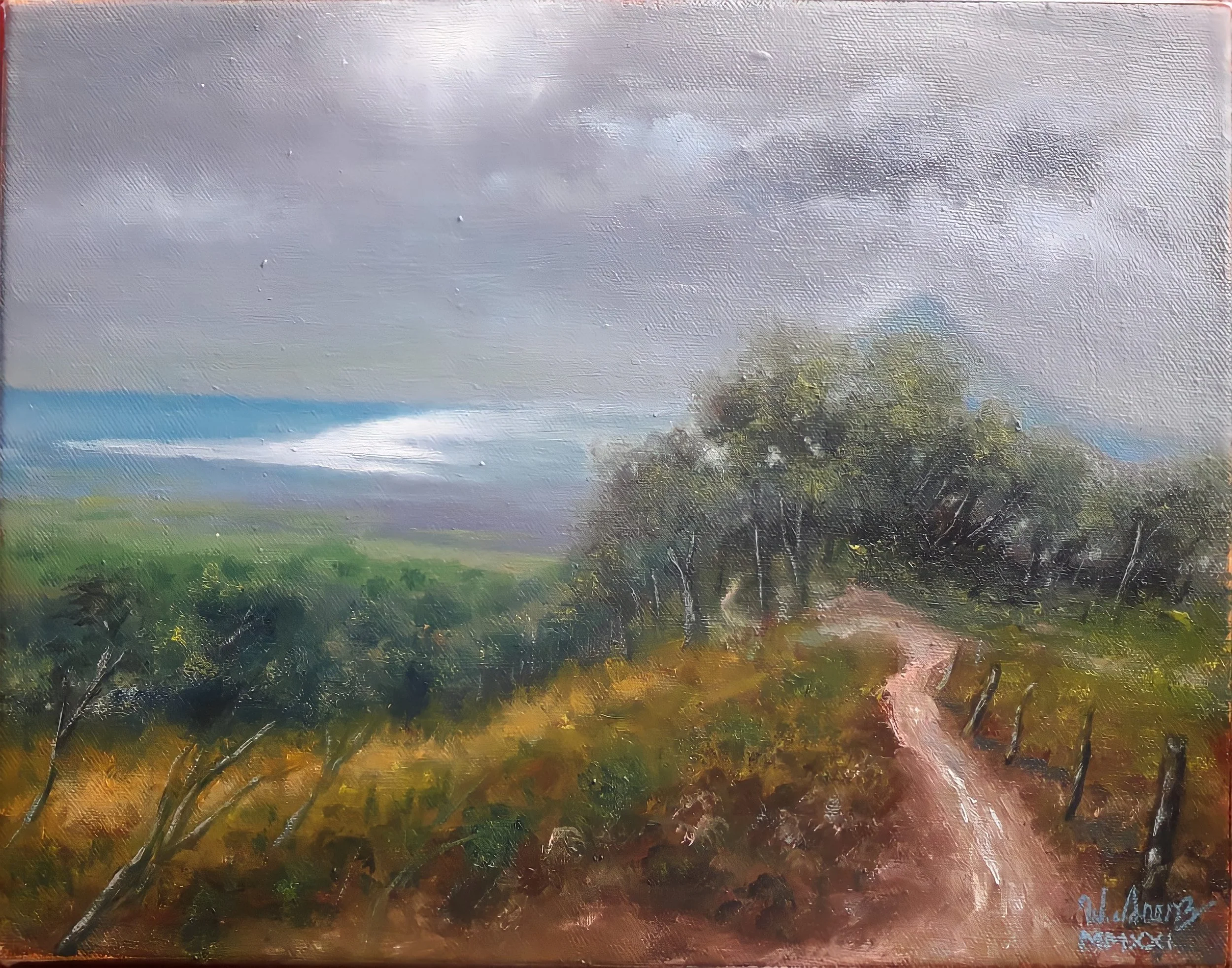 "Vista de la costas del lago, desde Apoyeque", óleo sobre lienzo 11 X 14 In. - 2021 