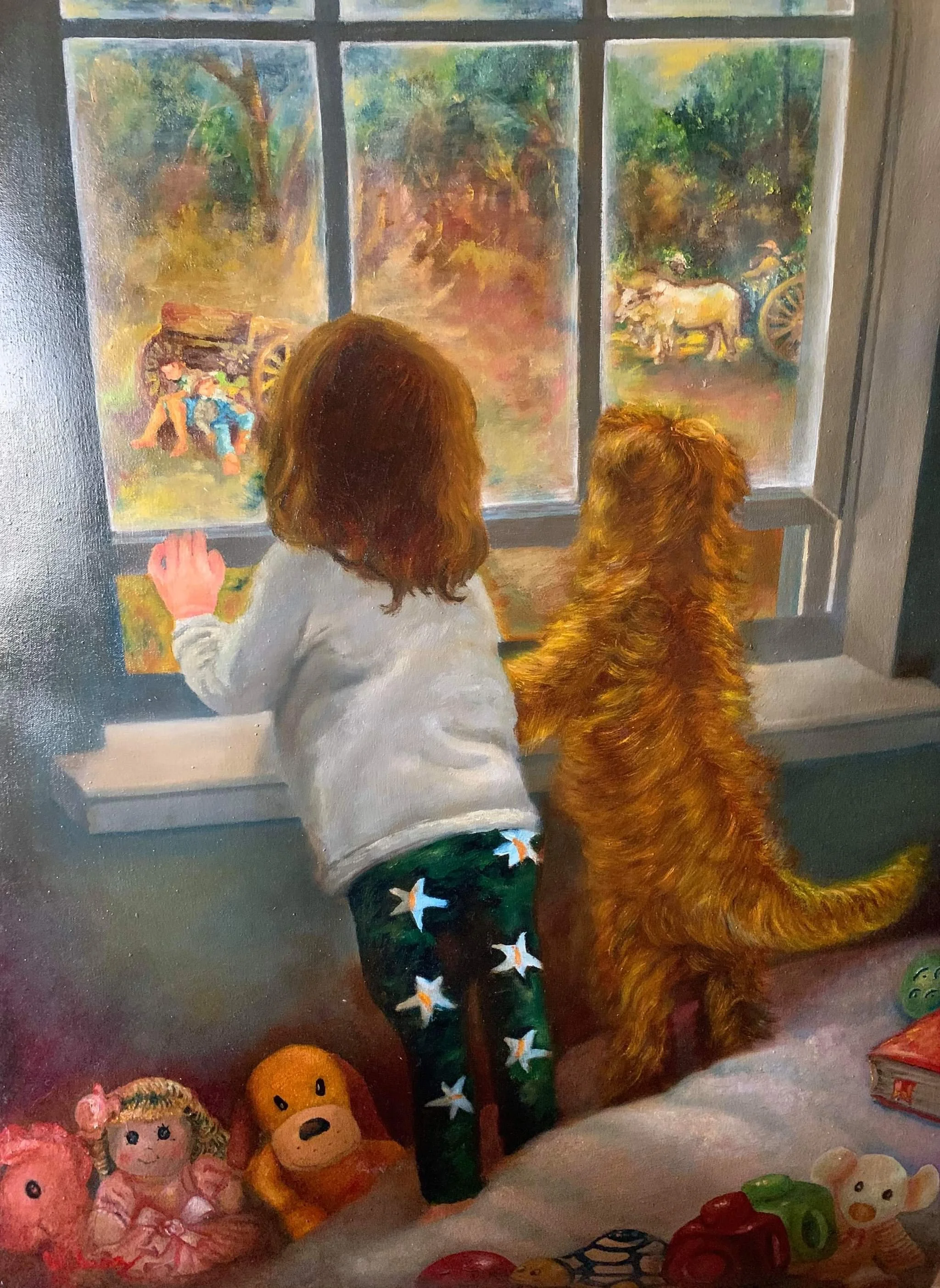 "Curiosidad tras la ventana", óleo sobre lienzo, 40 x 30 In - 2020 / COLECCION PRIVADA MARYLAND-EE.UU