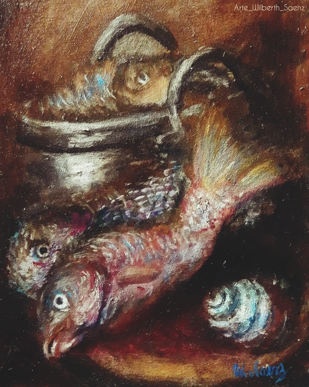 Bodegón con mariscos, óleo sobre lienzos, 11 x 14 In