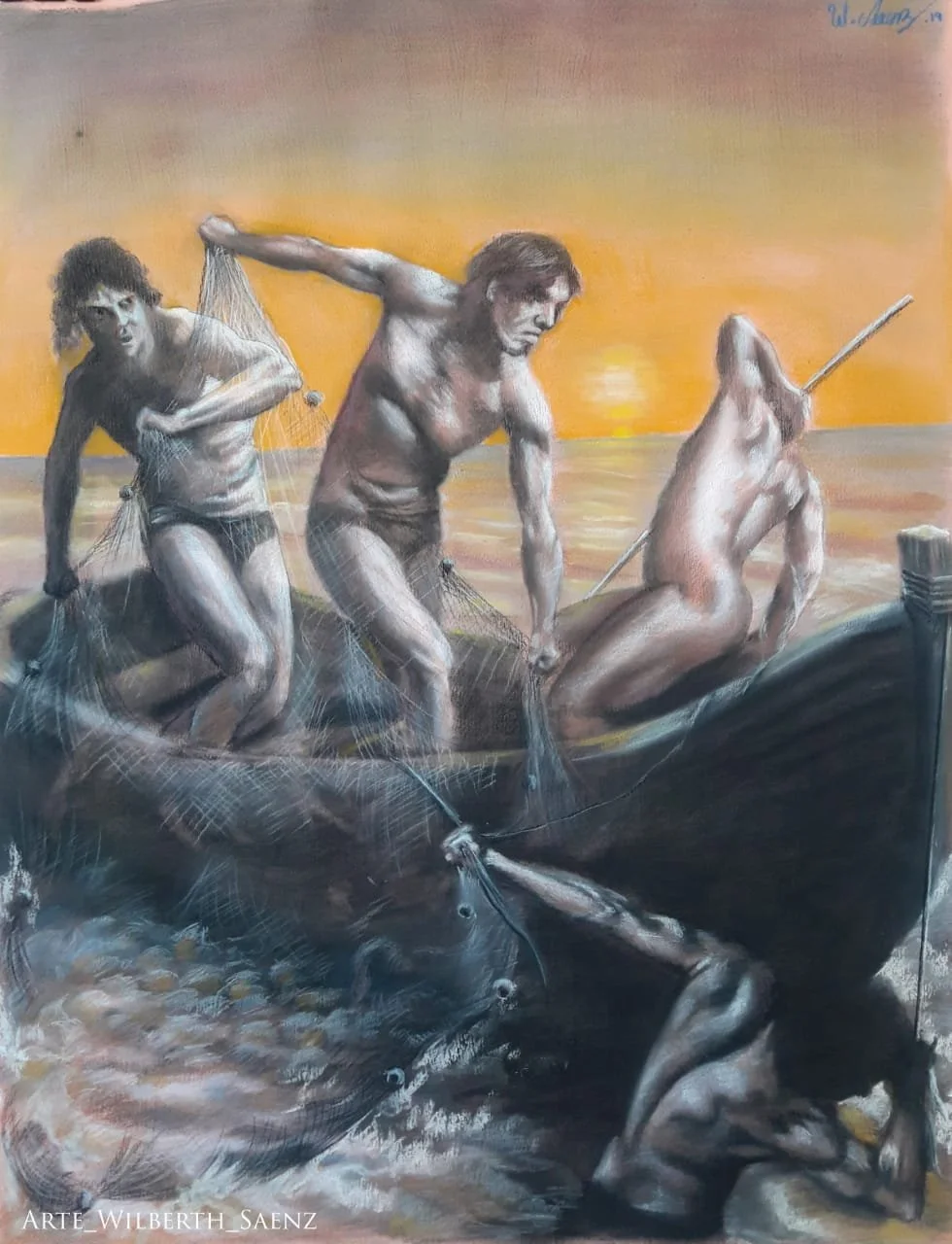 Estudio "Amanecer en un día de pesca" / Pastel, 65 x 50 cm / 2019