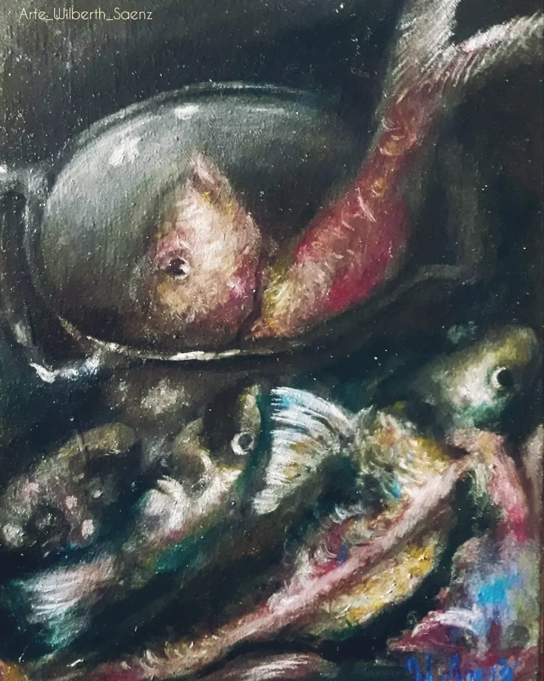 Bodegón con mariscos, óleo sobre lienzo, 11 x 14 In