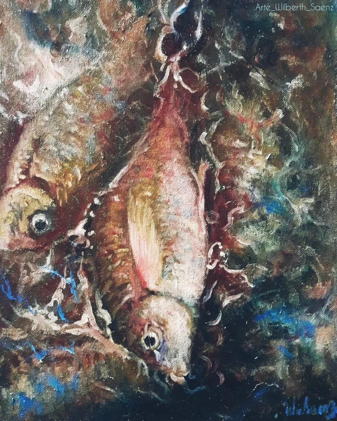 "Peces", óleo sobre lienzo, 11 x 14 In