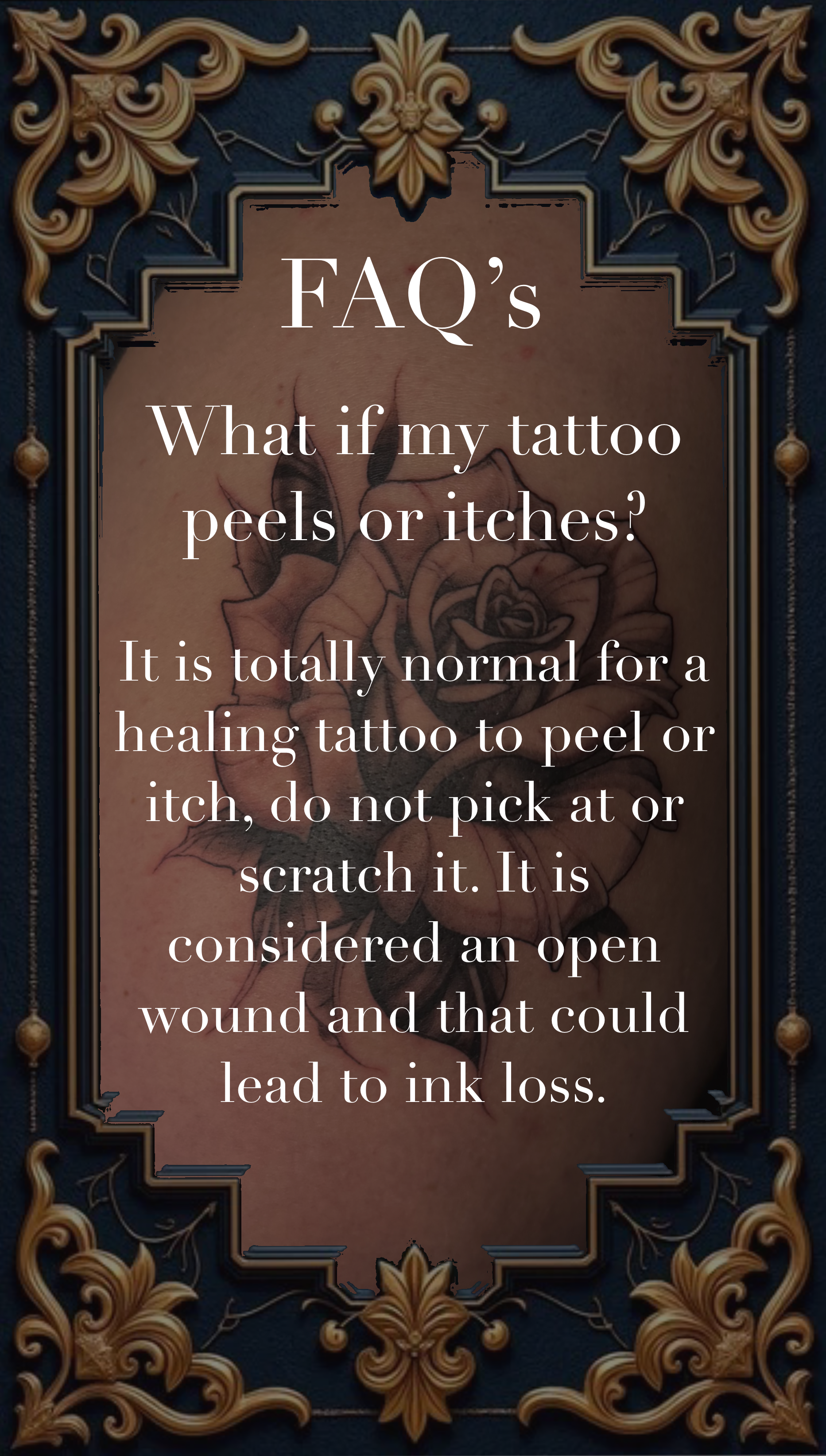 FAQ about tattoo peels and itching, with decorative ornate frame and a tattoo of a rose in the background.