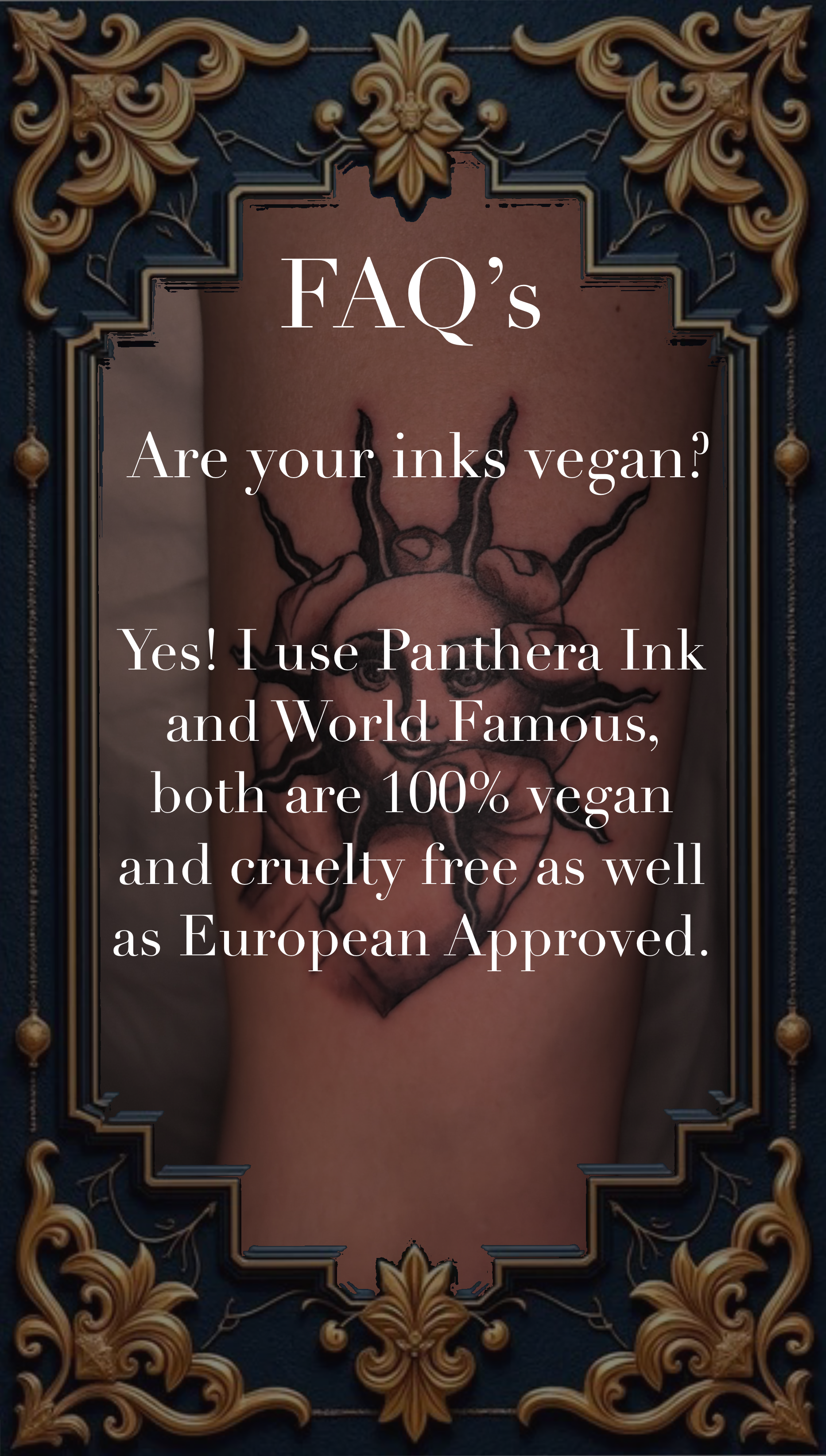 Close-up of a tattoo on a person's arm featuring a pink pig with black wild hair, surrounded by ornate gold and blue frames.