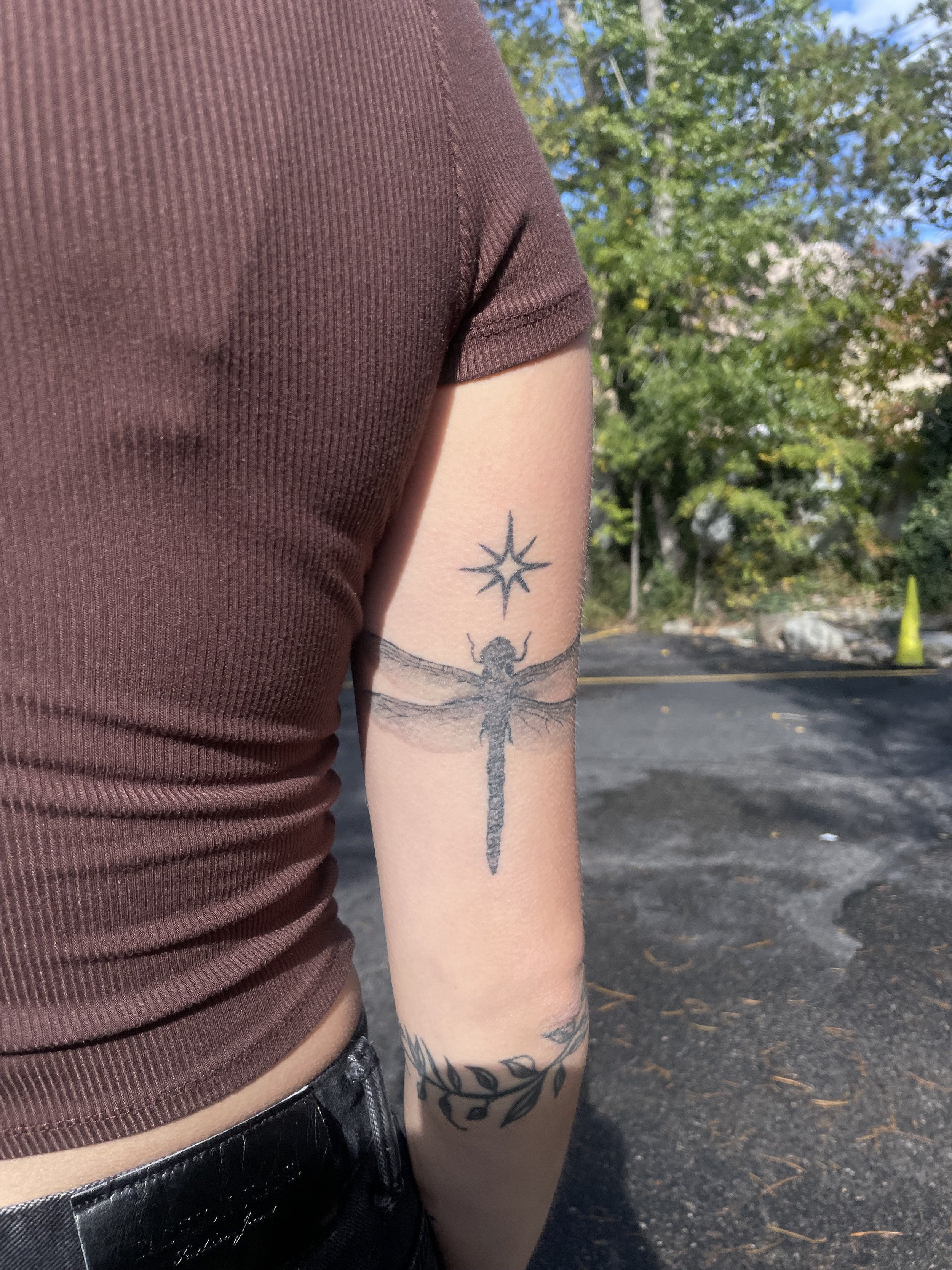 Close-up of a person's upper arm with two tattoos: a star-shaped compass above a dragonfly, and a leafy branch near the wrist. The person is wearing a brown short sleeve shirt and black pants.