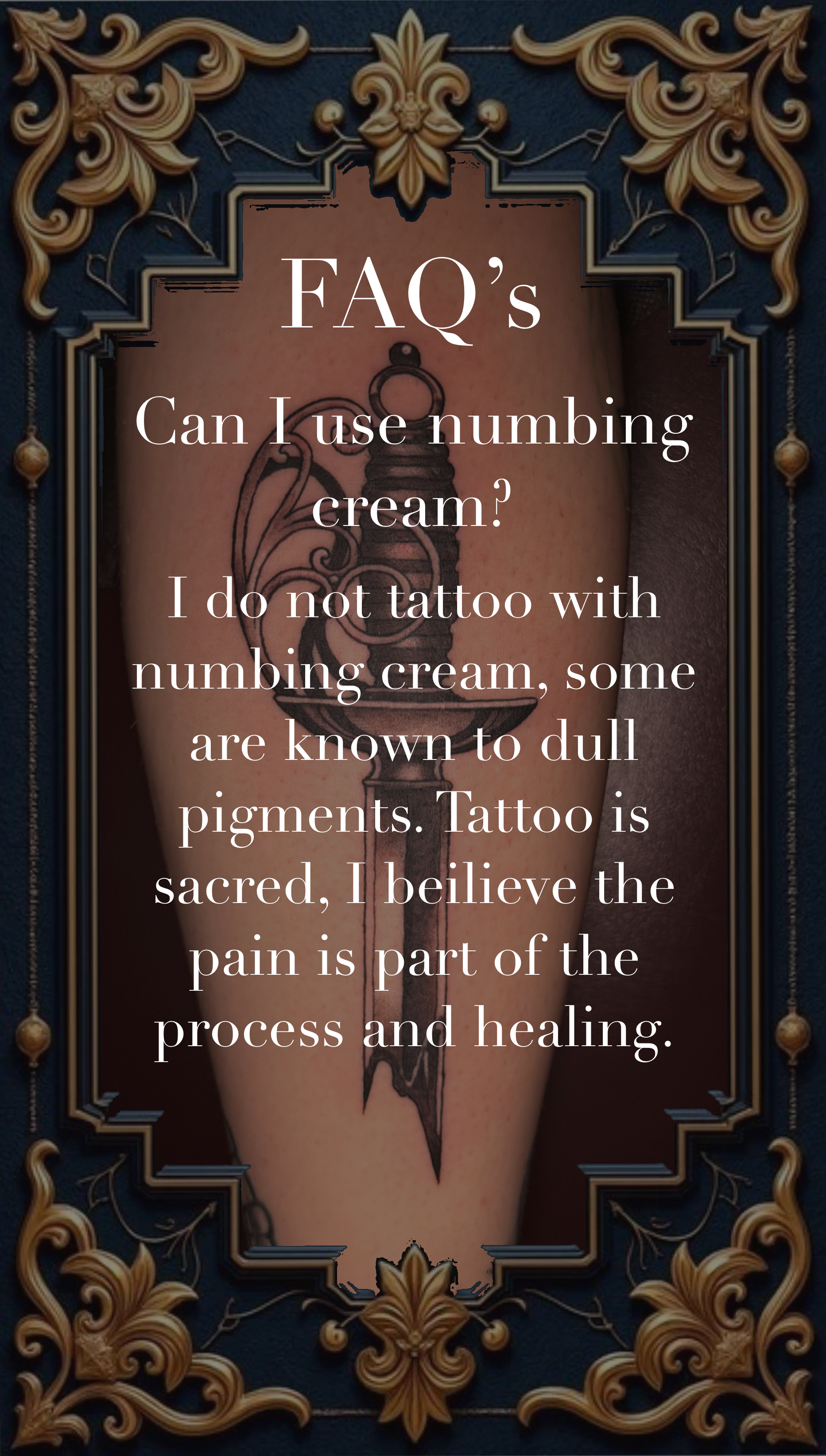 FAQ about numbing cream with a background of a tattoo involving a sword on skin, surrounded by ornate gold and blue decorative frame.