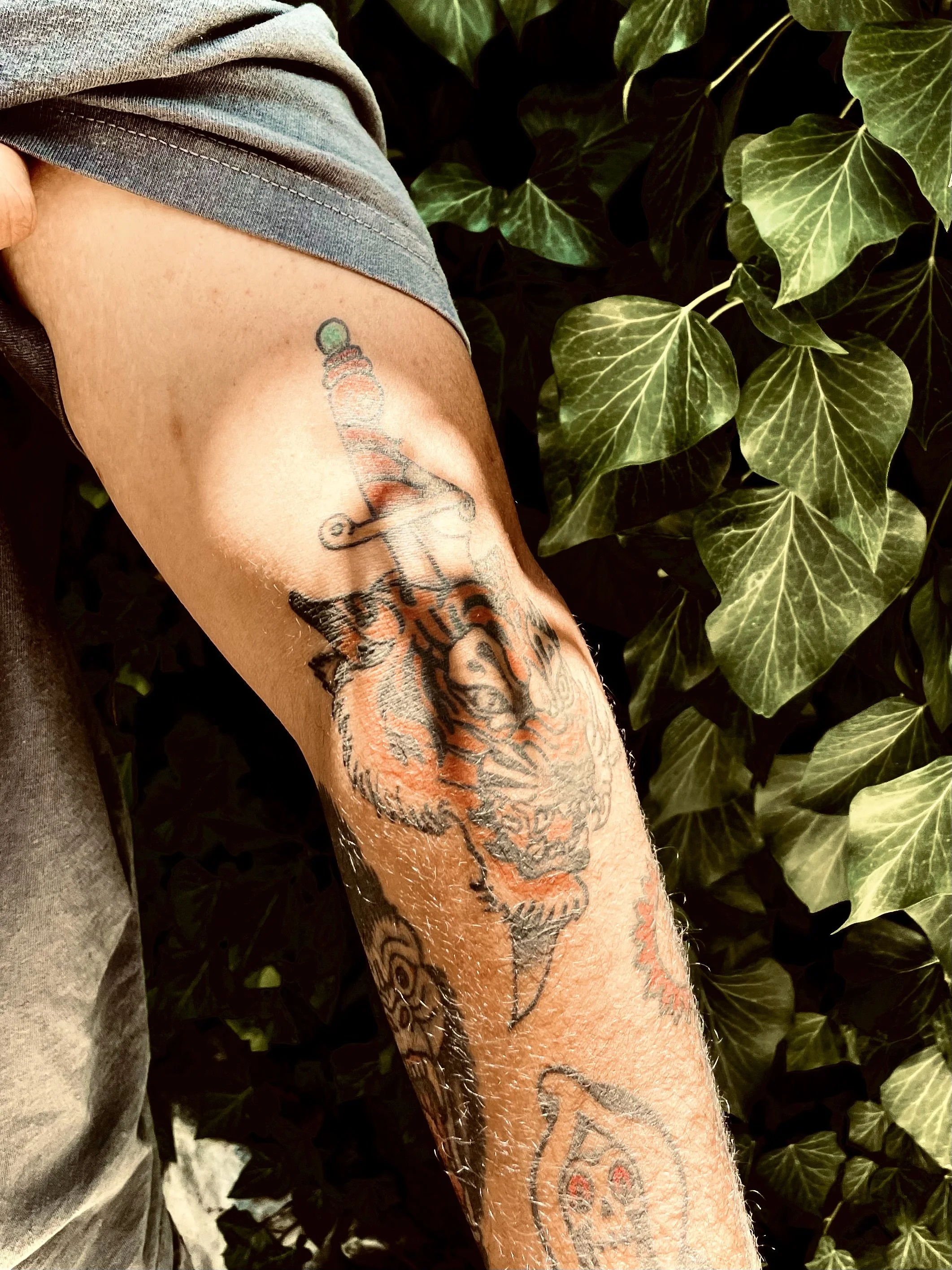 Tattoo of a tiger's face with an ice cream cone on the arm.