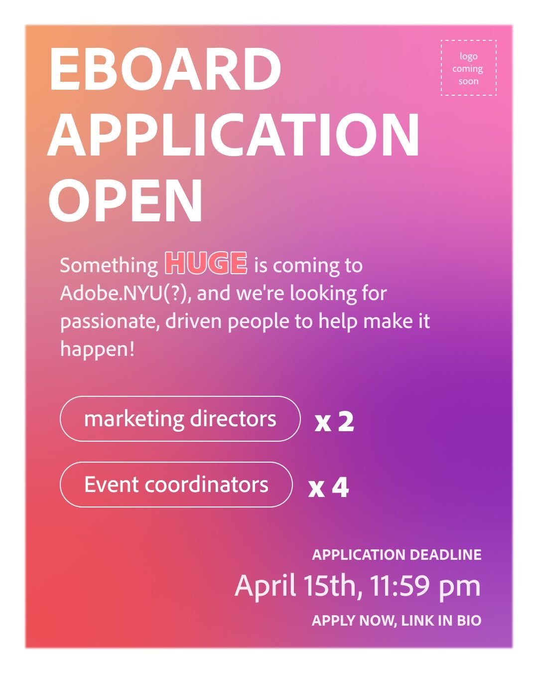 The competition isn&rsquo;t the only exciting thing happening around town. Adobe.NYU (rebranding coming soon&hellip;) is expanding a LOT next semester.

We have some exciting news we can&rsquo;t wait to share&hellip; but not just yet 👀

We&rsquo;re 
