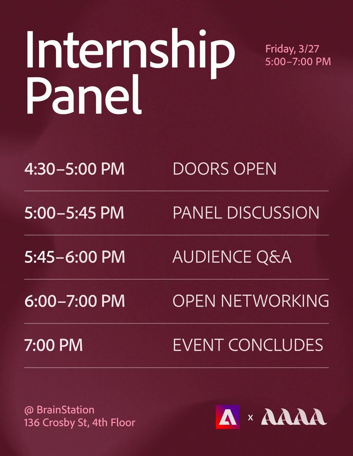 Don&rsquo;t forget! The Creative Internship Panel with Adobe.NYU x AAAA is happening THIS FRIDAY! Come ready to learn, ask questions, and connect with students and industry pros who&rsquo;ve worked at Google, IBM, Datadog, and more.

📍 BrainStation 