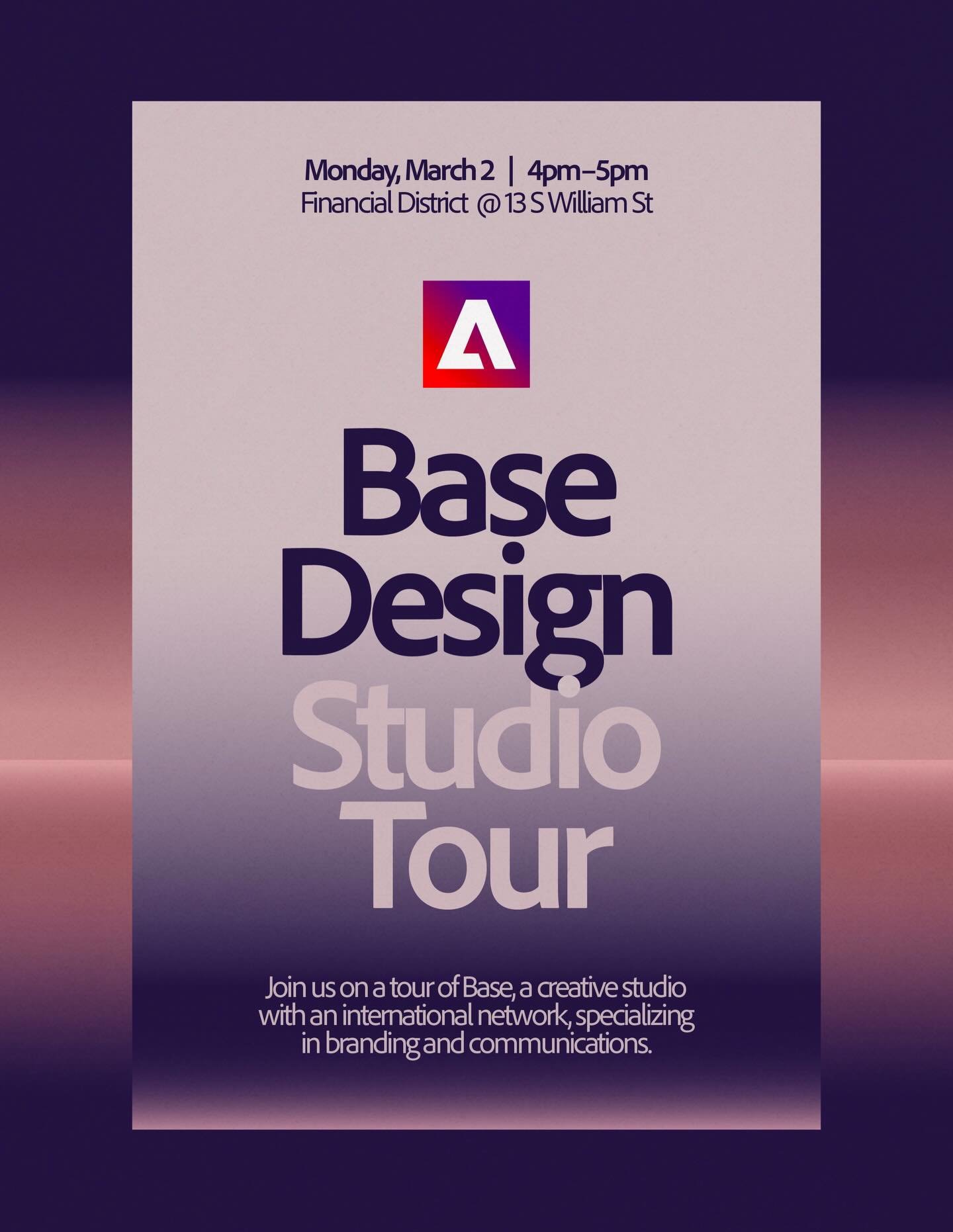 Join Adobe.NYU on a tour of Base&rsquo;s New York studio 💫
 
Base is an international design agency that has worked with clients like Apple, Uniqlo, Uber, MoMA, and The New York Times.

Space is limited so register soon&mdash;link in bio!!