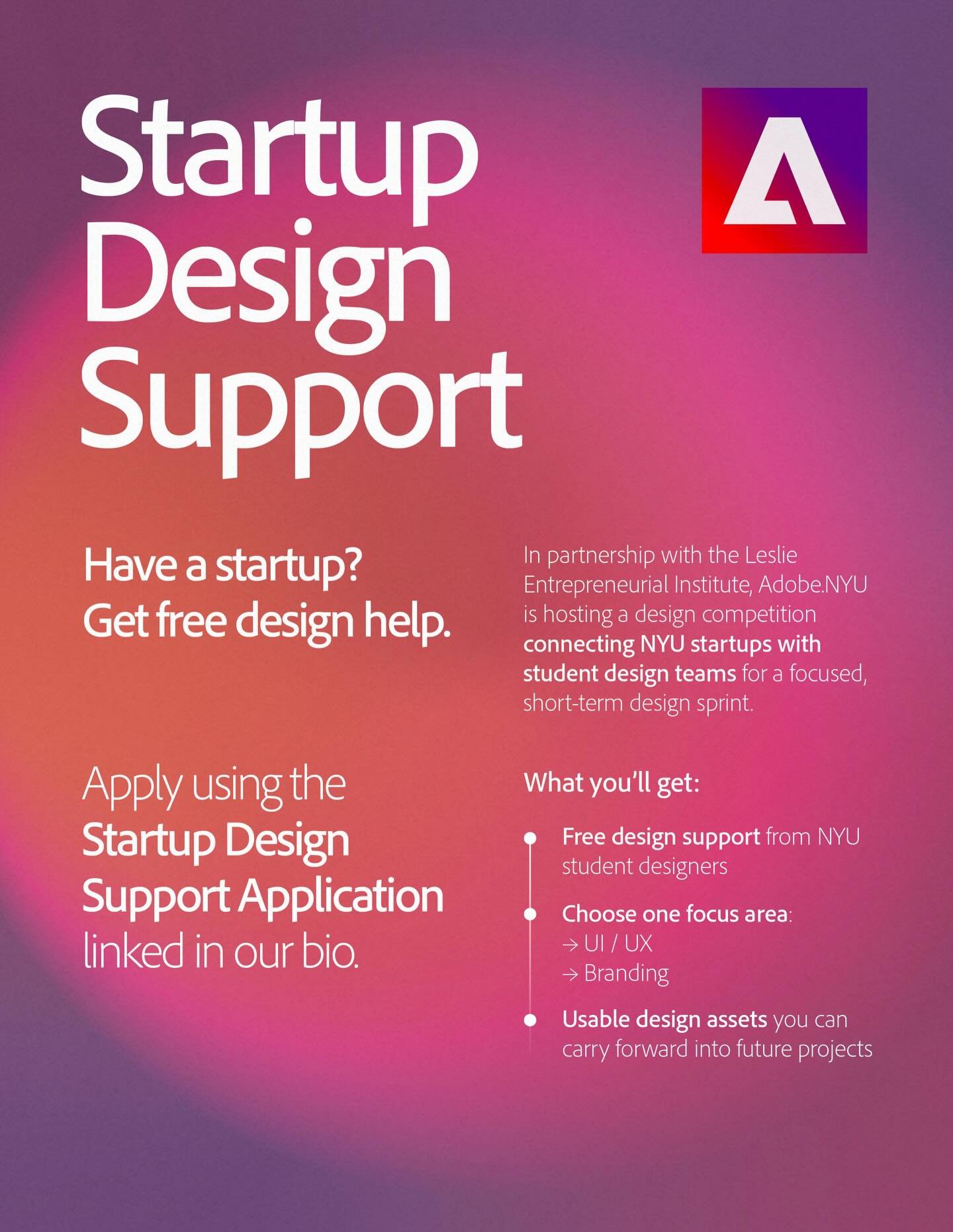 🚨Calling all NYU Startups!!

We&rsquo;re hosting a design competition connecting startups with student design teams. Apply to receive design support, including UI/UX or branding! If accepted, we&rsquo;ll be in touch with next steps.
 🔗 Link in bio