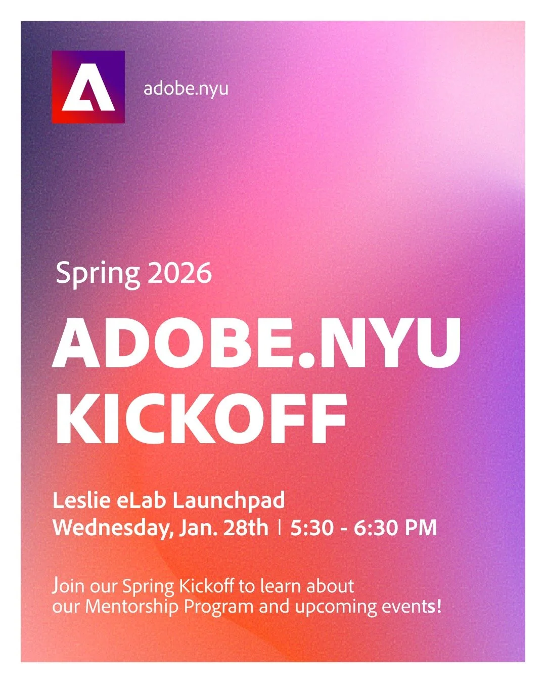 Come join us for our Spring 2026 Kickoff Meeting this Wednesday! 🎉🎉

Meet our new E-Board members, learn about upcoming events, and get all the details on our mentorship program.

Mentorship applications close on Jan. 29th, so don&rsquo;t miss your