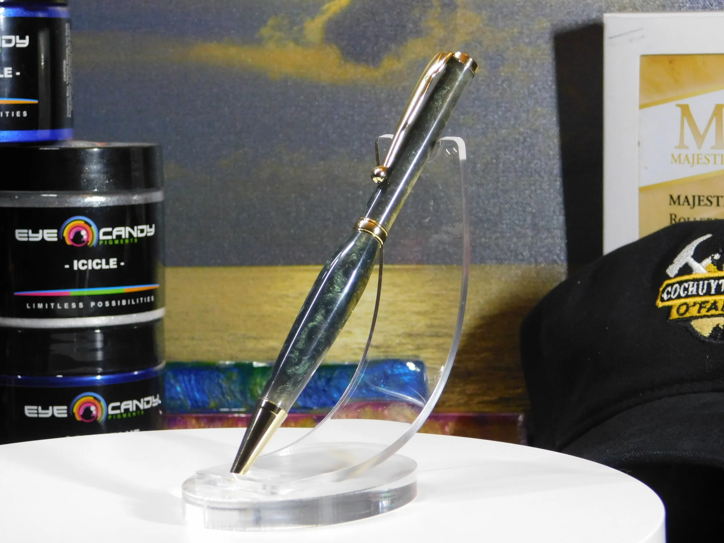 Hand Turned Funline Slimline Twist Ink Pen with Sparkling Green and Purple Resin