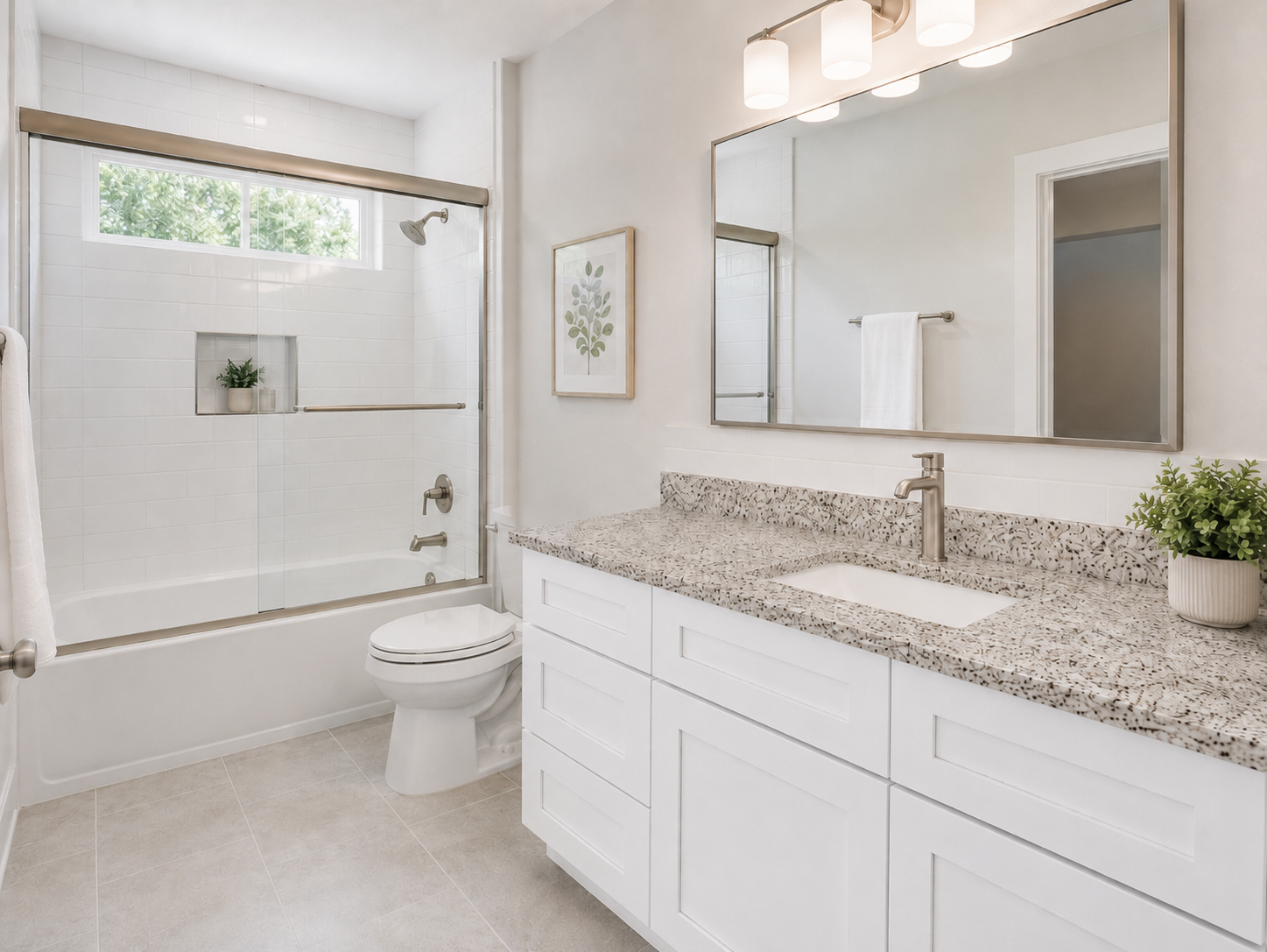 Modern bathroom with white vanity, granite countertop, large mirror, shower with glass door, small potted plant, and framed art on white walls.