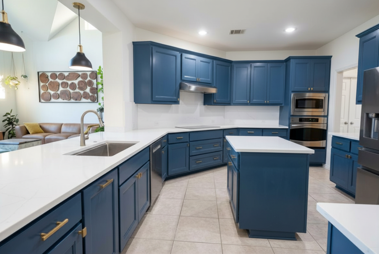 Modern kitchen with blue cabinets, white countertops, stainless steel appliances, gray tile flooring, and a view into a living room with a tan sofa and decorative wall art.