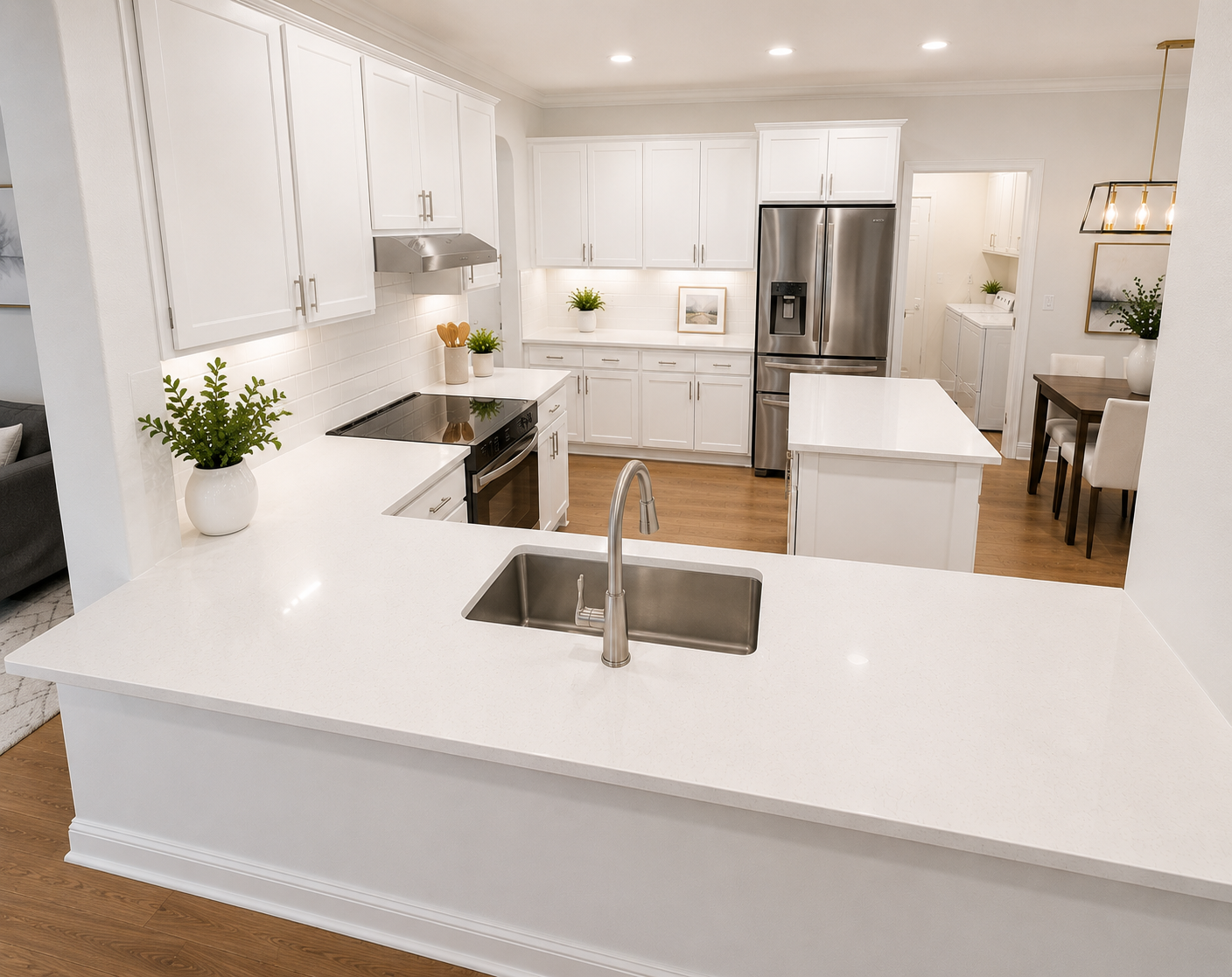 Bright white kitchen with white cabinets, stainless steel appliances, a white island with a sink, and decorative plants.