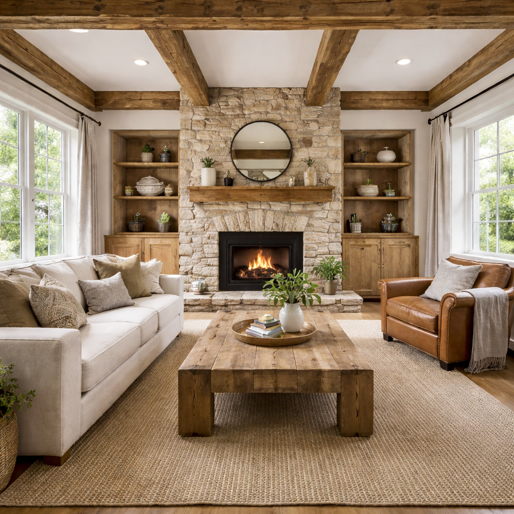 Rustic living room with stone fireplace and vaulted ceilings