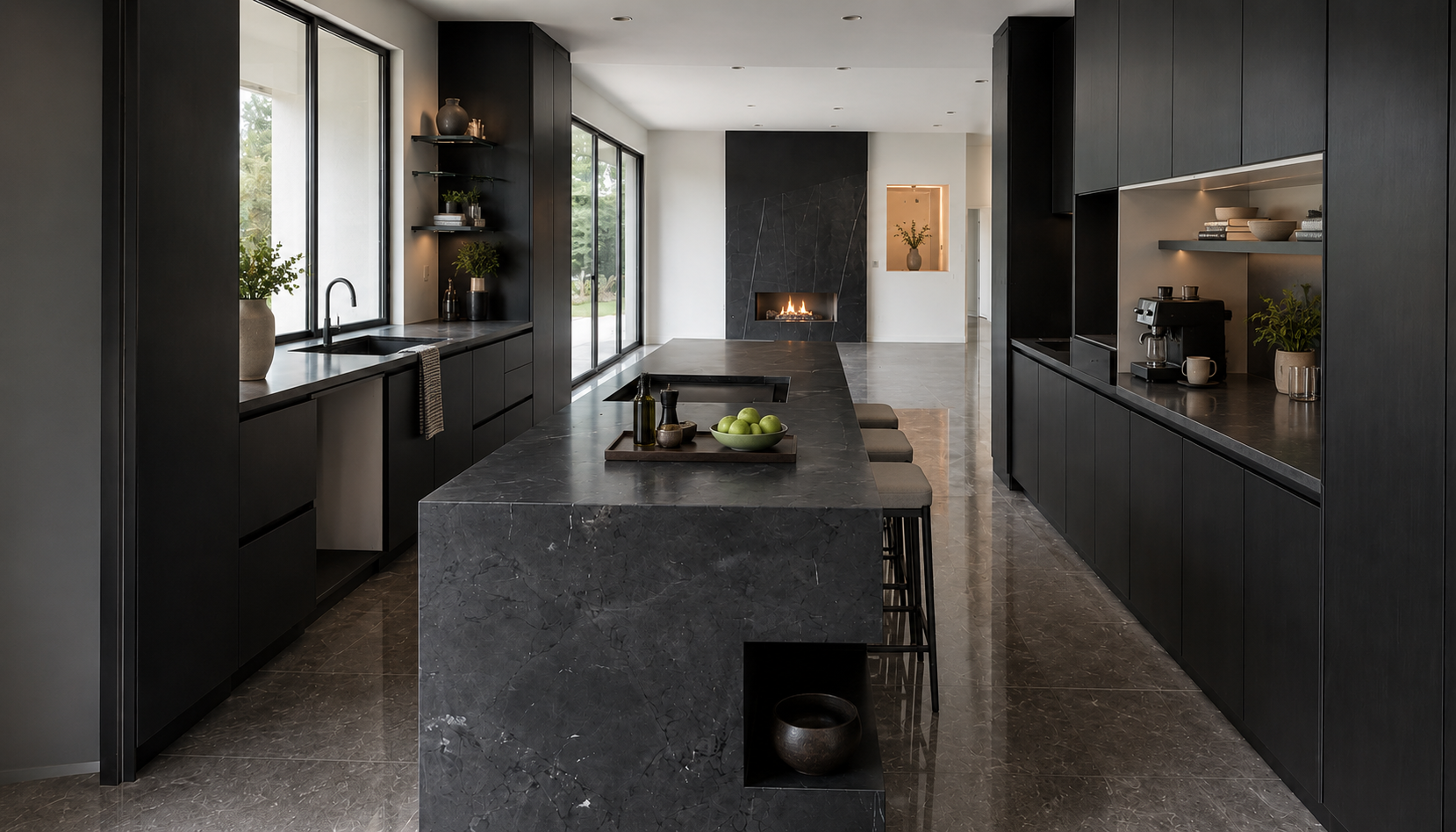 Modern kitchen with a honed black marble waterfall island and dark custom cabinetry, luxury build by Austin ProBuild in Austin, Texas