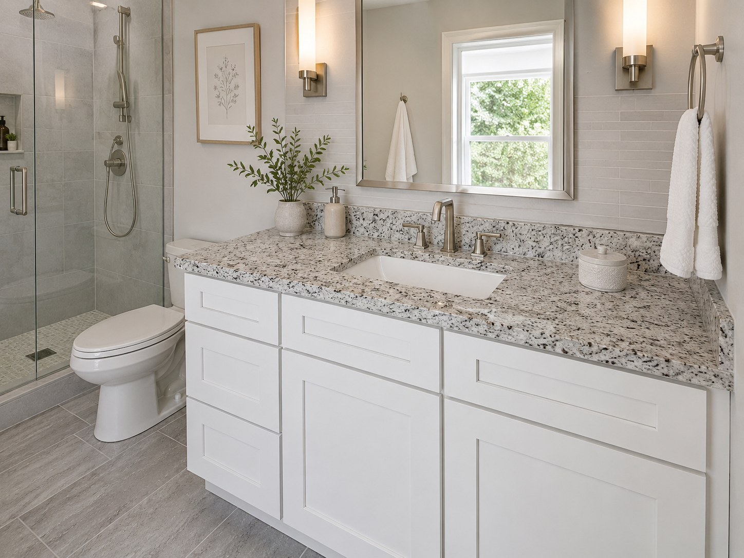 Modern bathroom with a granite countertop vanity, a large mirror, a potted plant, a soap dispenser, and a box of tissues. There is a window with greenery outside, a towel hanging on a wall hook, and a glass-enclosed shower with a rainfall showerhead and a tiled interior.