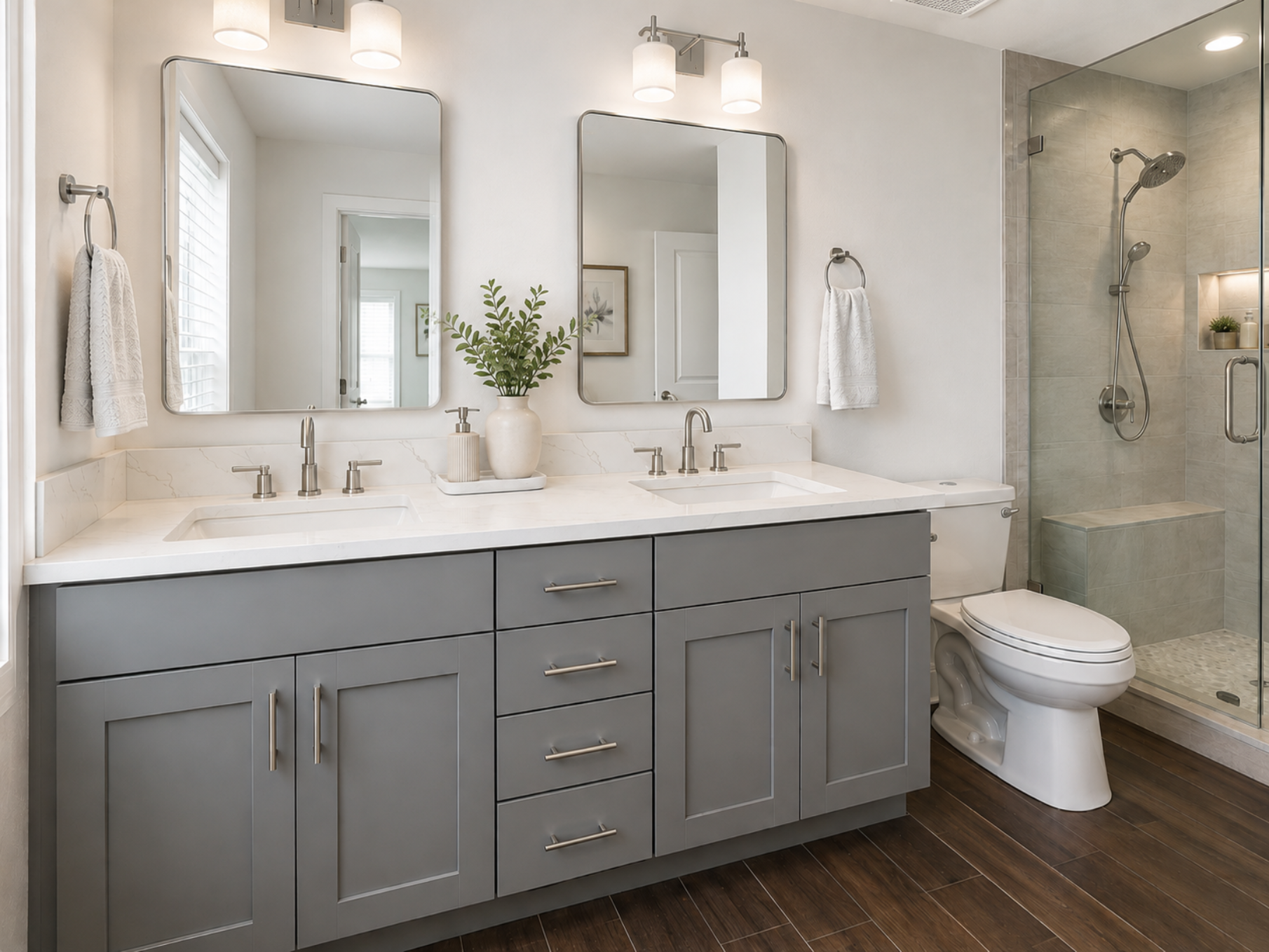 Modern bathroom with double sink vanity, two mirrors, two towel rings with towels, decorative plant, wall-mounted lights, glass shower with tiled walls, and a toilet, all in a neutral color palette.