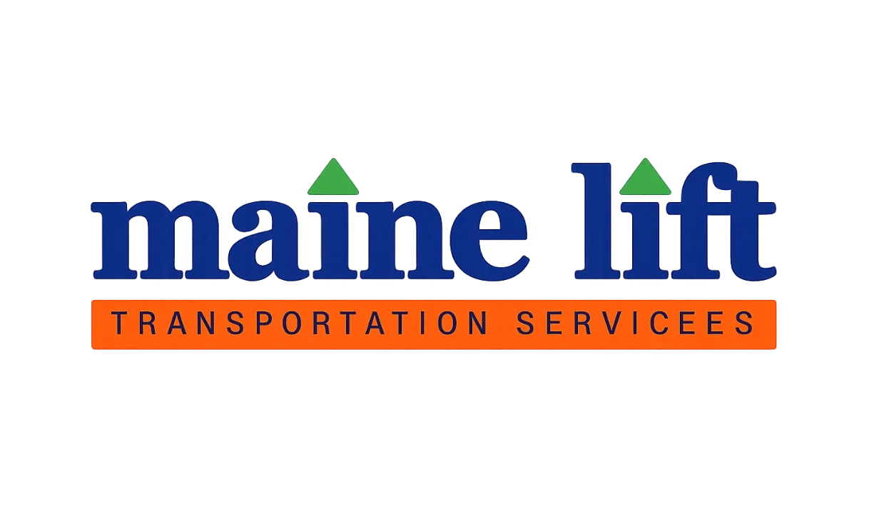 Logo for Maine Lift Transportation Service, featuring the words 'maine lift' in blue with green upward-pointing triangles as accents, and 'TRANSPORTATION SERVICEES' in black on an orange background.